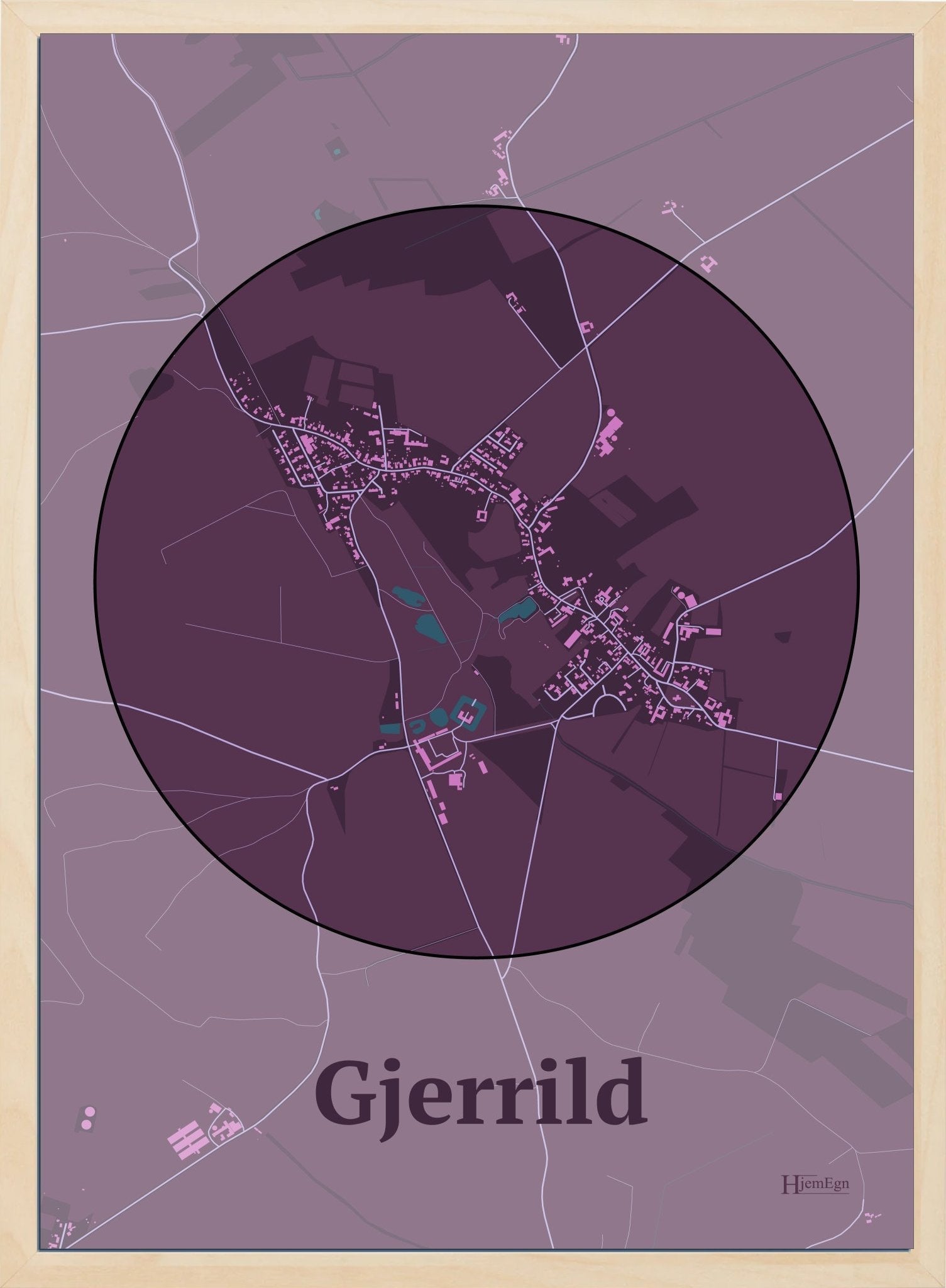 Gjerrild plakat i farve mørk rød og HjemEgn.dk design centrum. Design bykort for Gjerrild