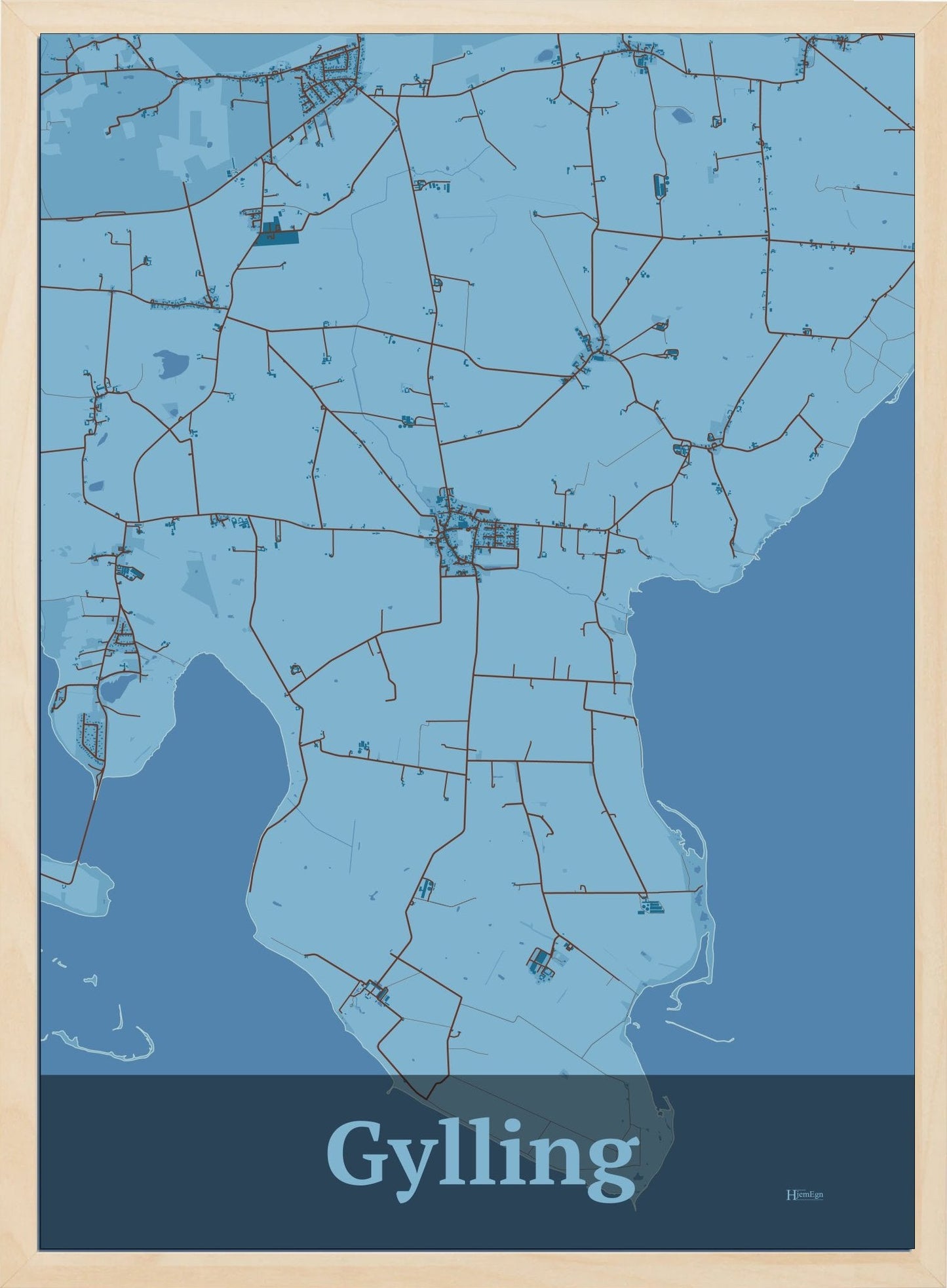 Gylling plakat i farve pastel blå og HjemEgn.dk design firkantet. Design bykort for Gylling