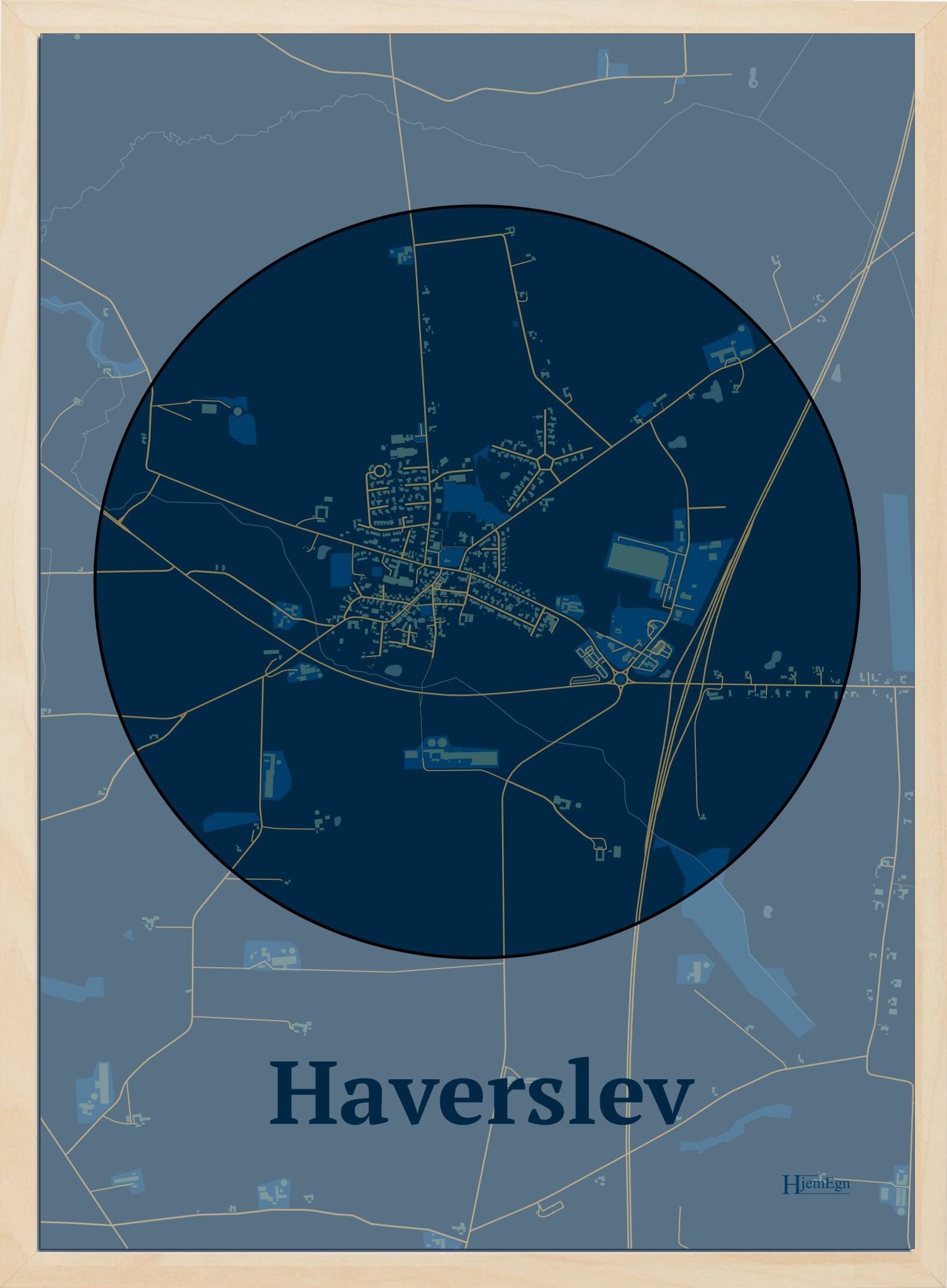 Haverslev plakat i farve mørk blå og HjemEgn.dk design centrum. Design bykort for Haverslev