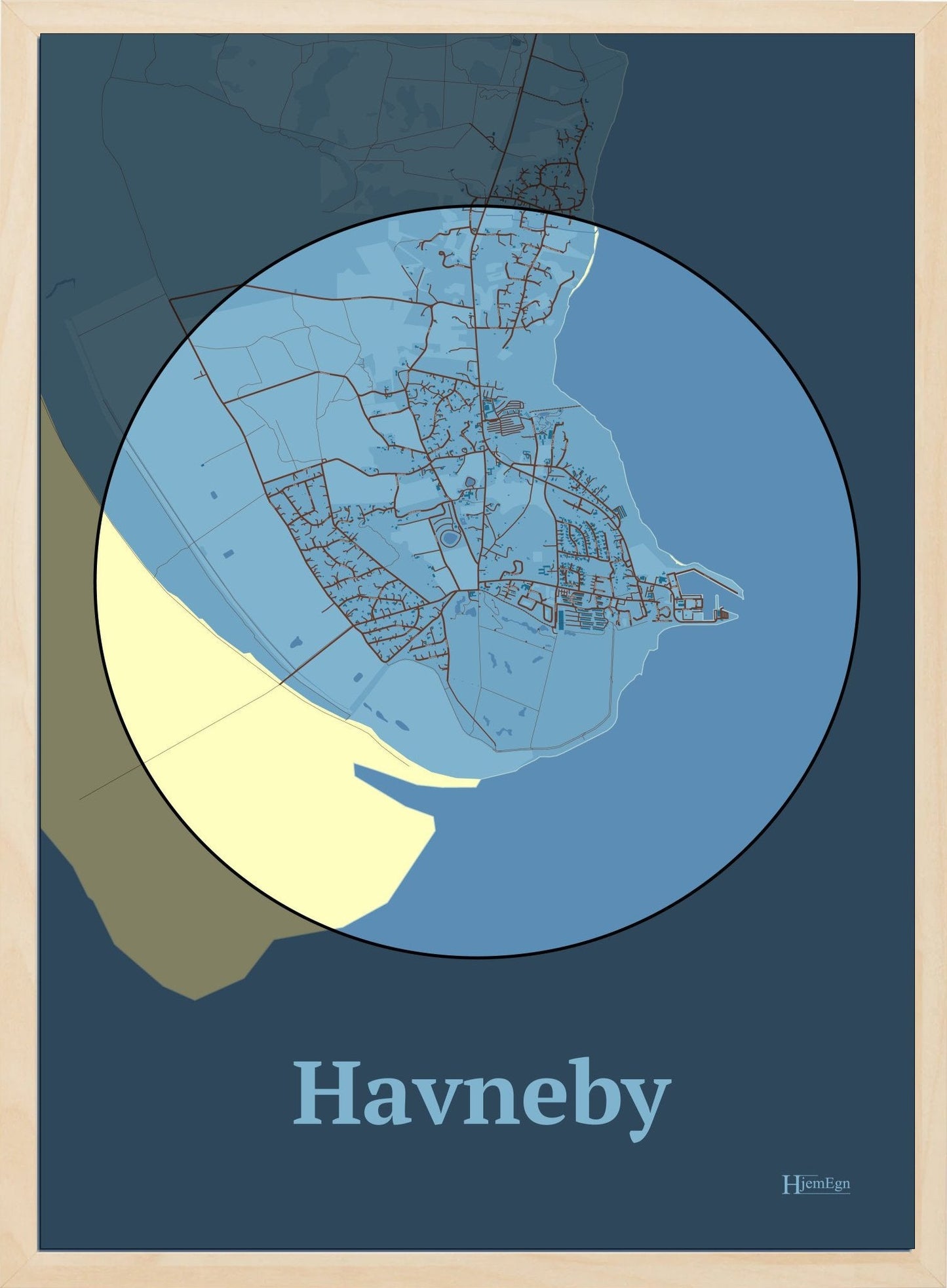 Havneby plakat i farve pastel blå og HjemEgn.dk design firkantet. Design bykort for Havneby