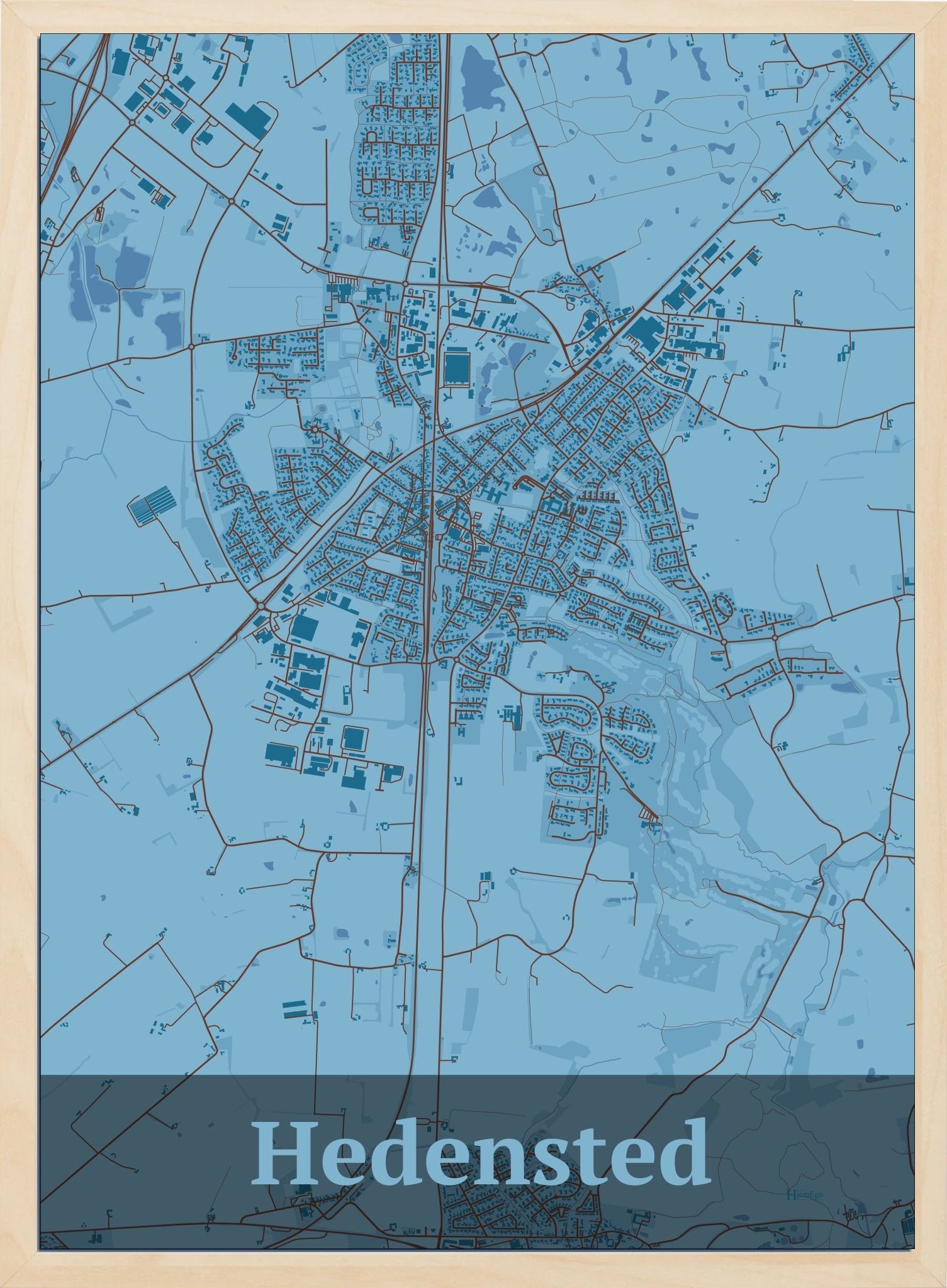 Hedensted plakat i farve pastel blå og HjemEgn.dk design firkantet. Design bykort for Hedensted