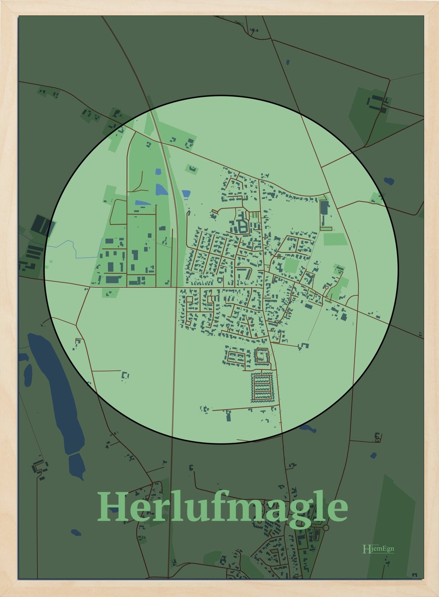 Herlufmagle plakat i farve pastel grøn og HjemEgn.dk design centrum. Design bykort for Herlufmagle