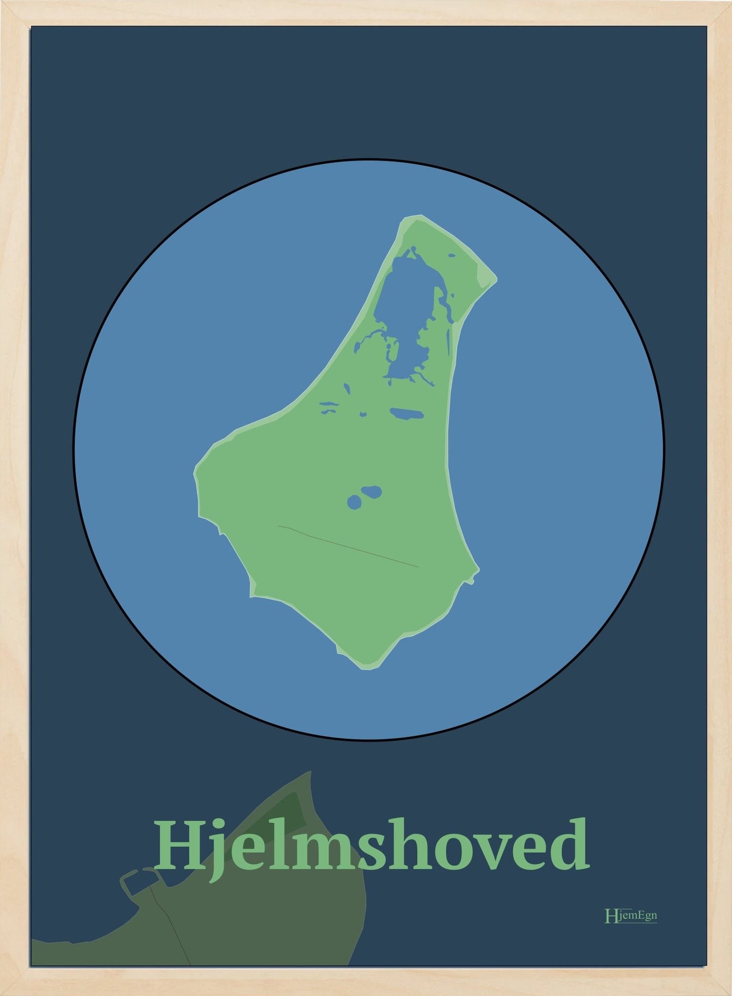 Hjelmshoved plakat i farve pastel grøn og HjemEgn.dk design centrum. Design ø-kort for Hjelmshoved