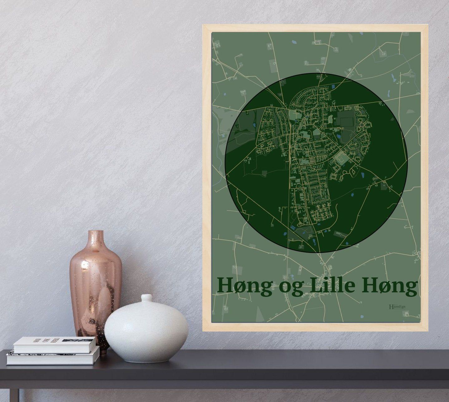 Høng Og Lille Høng plakat i farve  og HjemEgn.dk design centrum. Design bykort for Høng Og Lille Høng