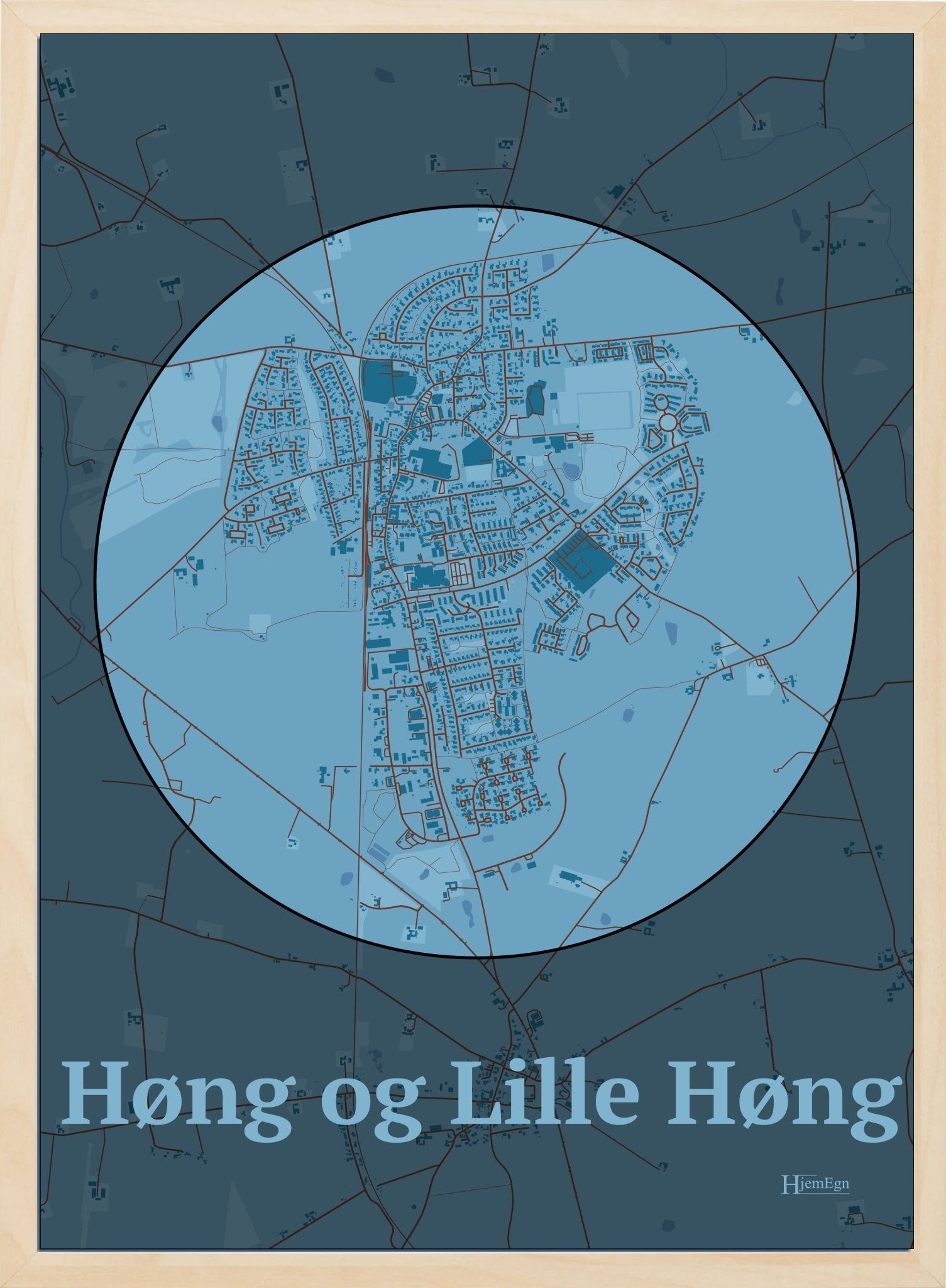 Høng Og Lille Høng plakat i farve pastel blå og HjemEgn.dk design centrum. Design bykort for Høng Og Lille Høng