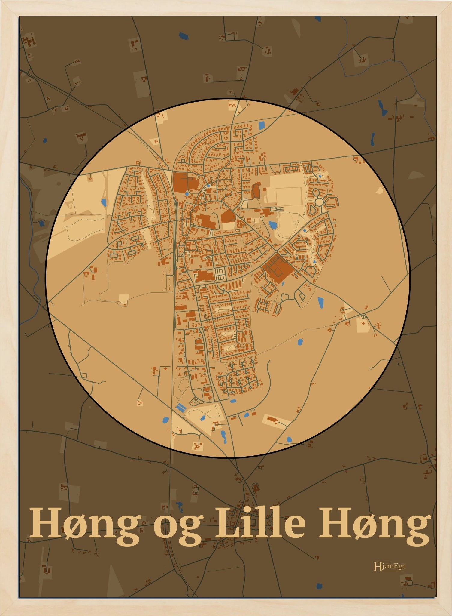 Høng Og Lille Høng plakat i farve pastel brun og HjemEgn.dk design centrum. Design bykort for Høng Og Lille Høng