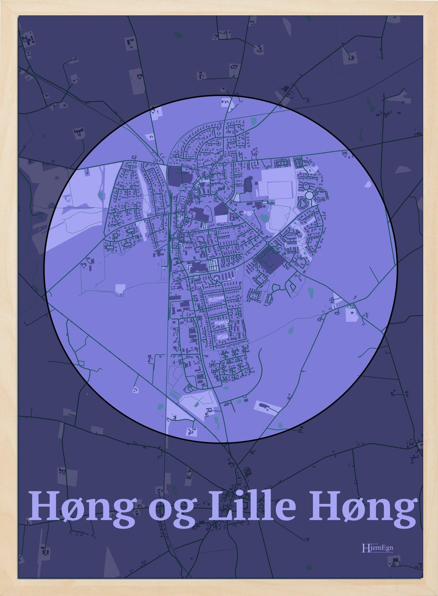 Høng Og Lille Høng plakat i farve pastel lilla og HjemEgn.dk design centrum. Design bykort for Høng Og Lille Høng