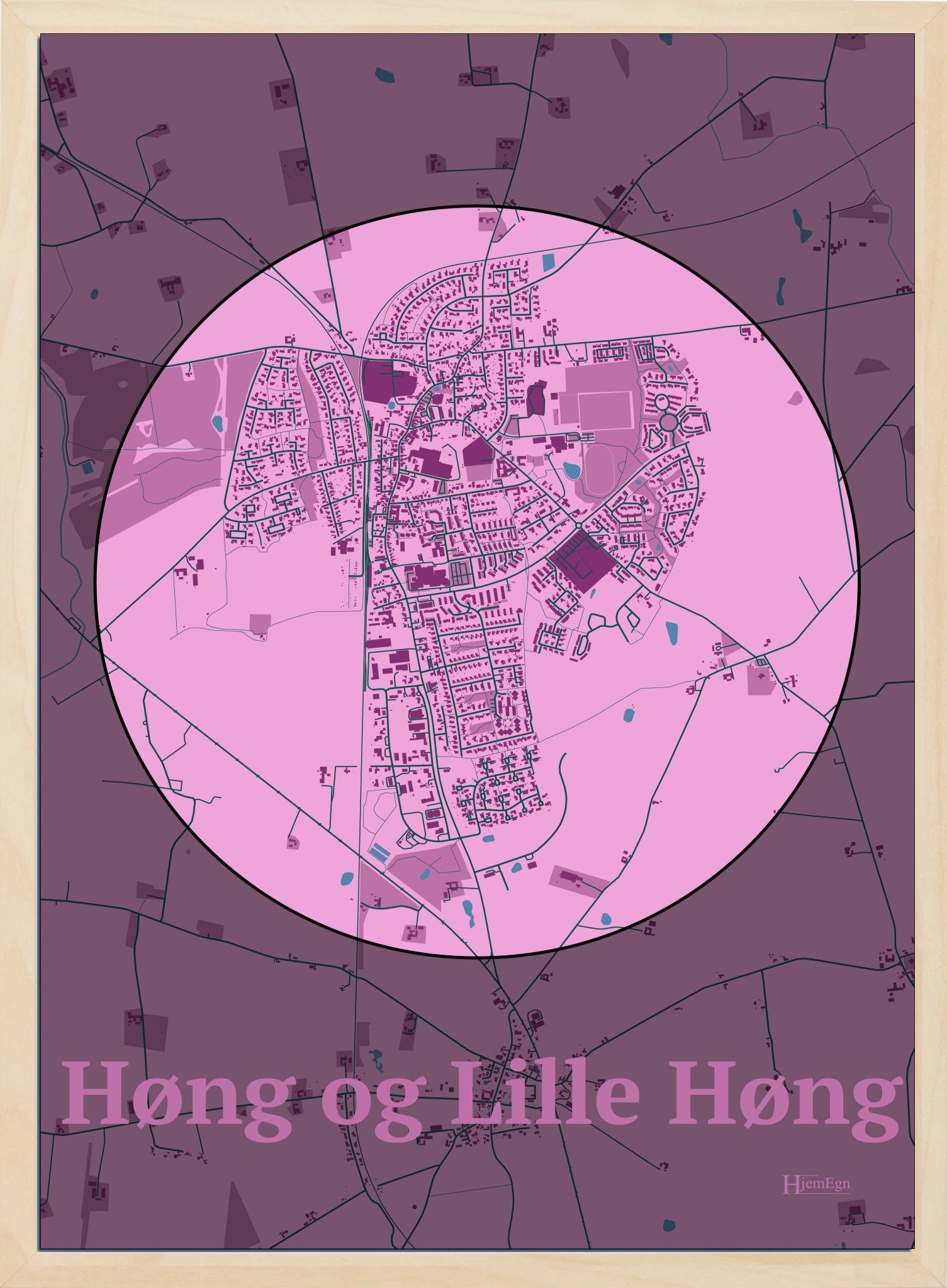 Høng Og Lille Høng plakat i farve pastel rød og HjemEgn.dk design centrum. Design bykort for Høng Og Lille Høng