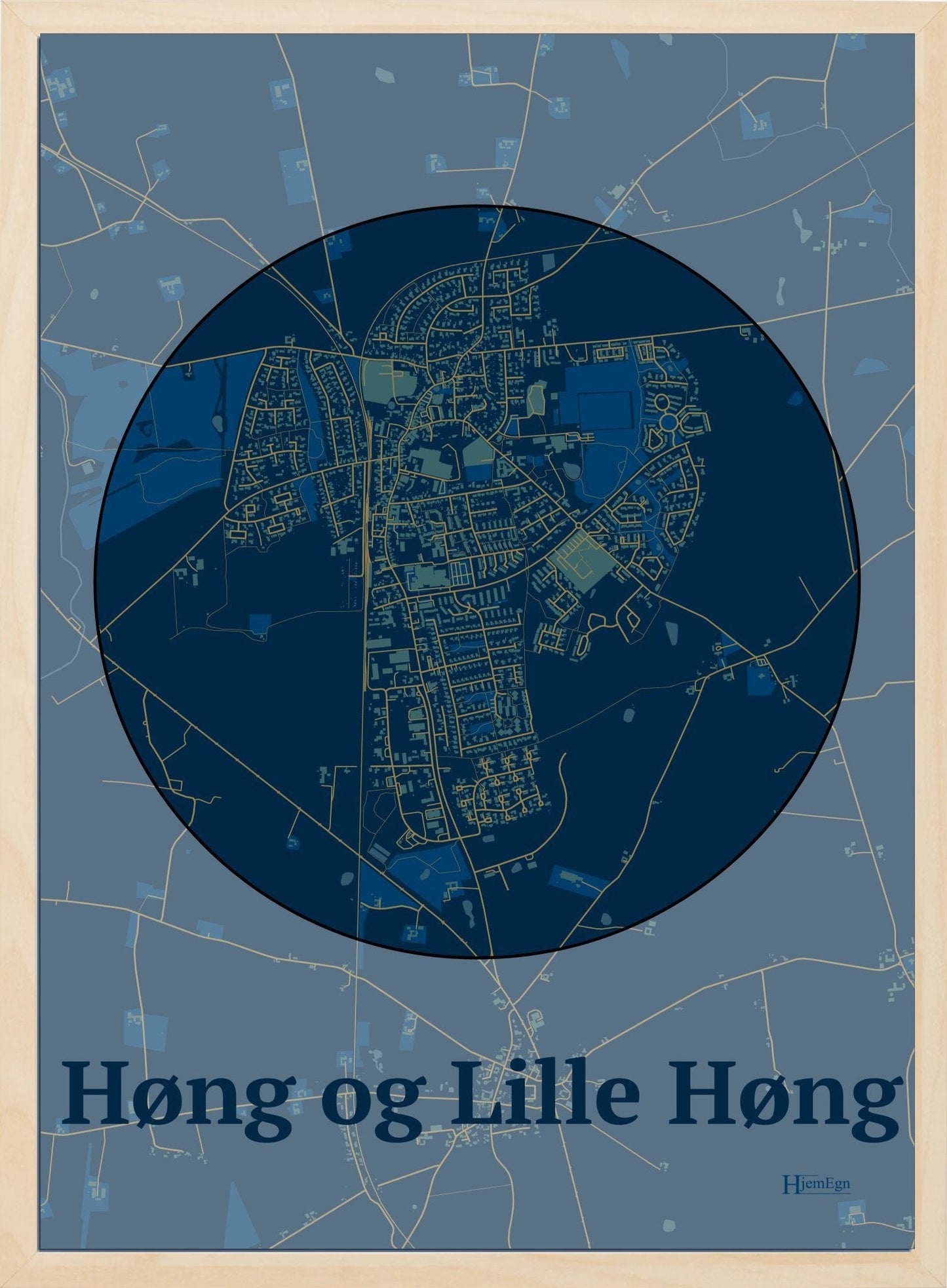 Høng Og Lille Høng plakat i farve mørk blå og HjemEgn.dk design centrum. Design bykort for Høng Og Lille Høng