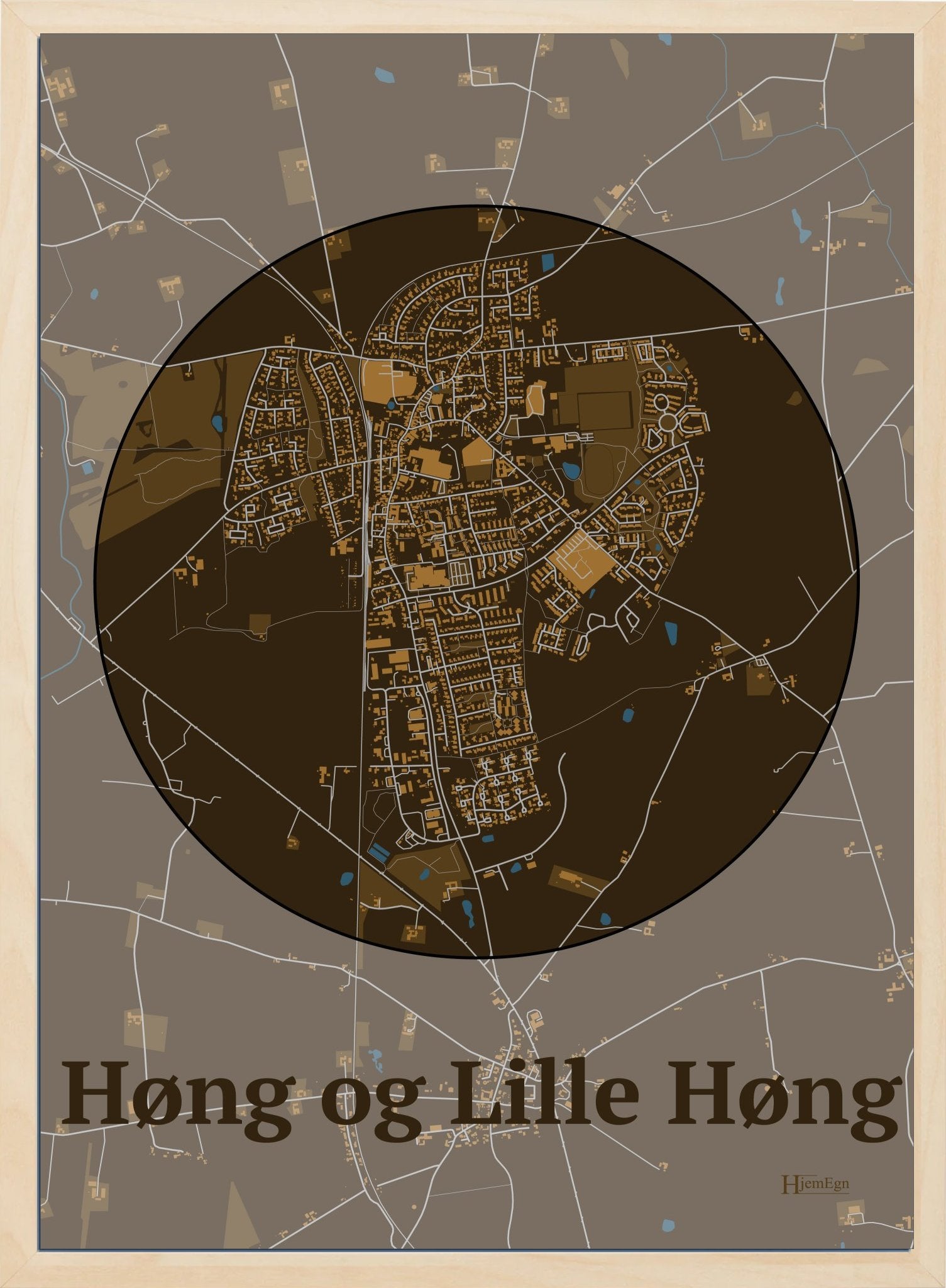 Høng Og Lille Høng plakat i farve mørk brun og HjemEgn.dk design centrum. Design bykort for Høng Og Lille Høng