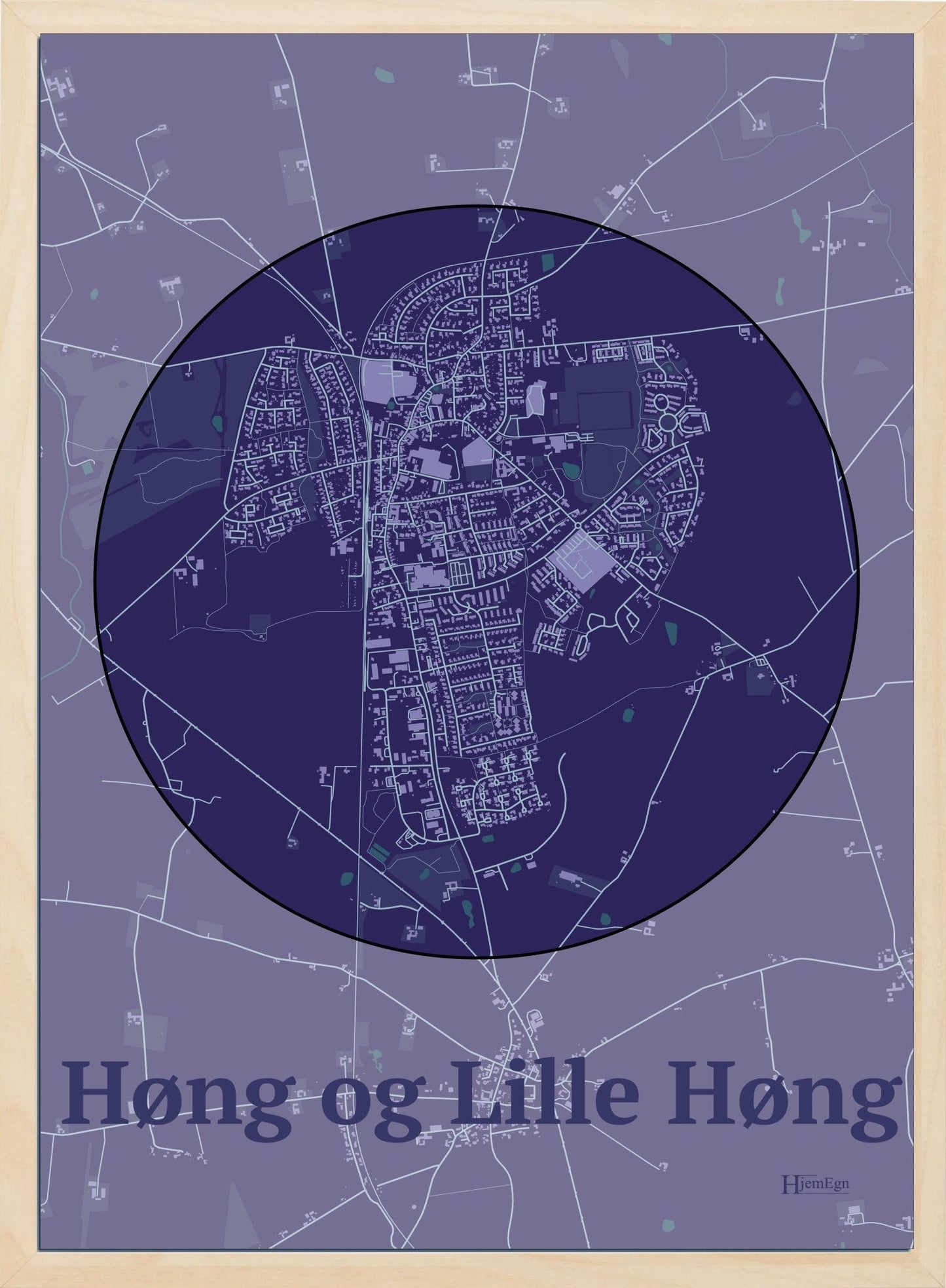 Høng Og Lille Høng plakat i farve mørk lilla og HjemEgn.dk design centrum. Design bykort for Høng Og Lille Høng