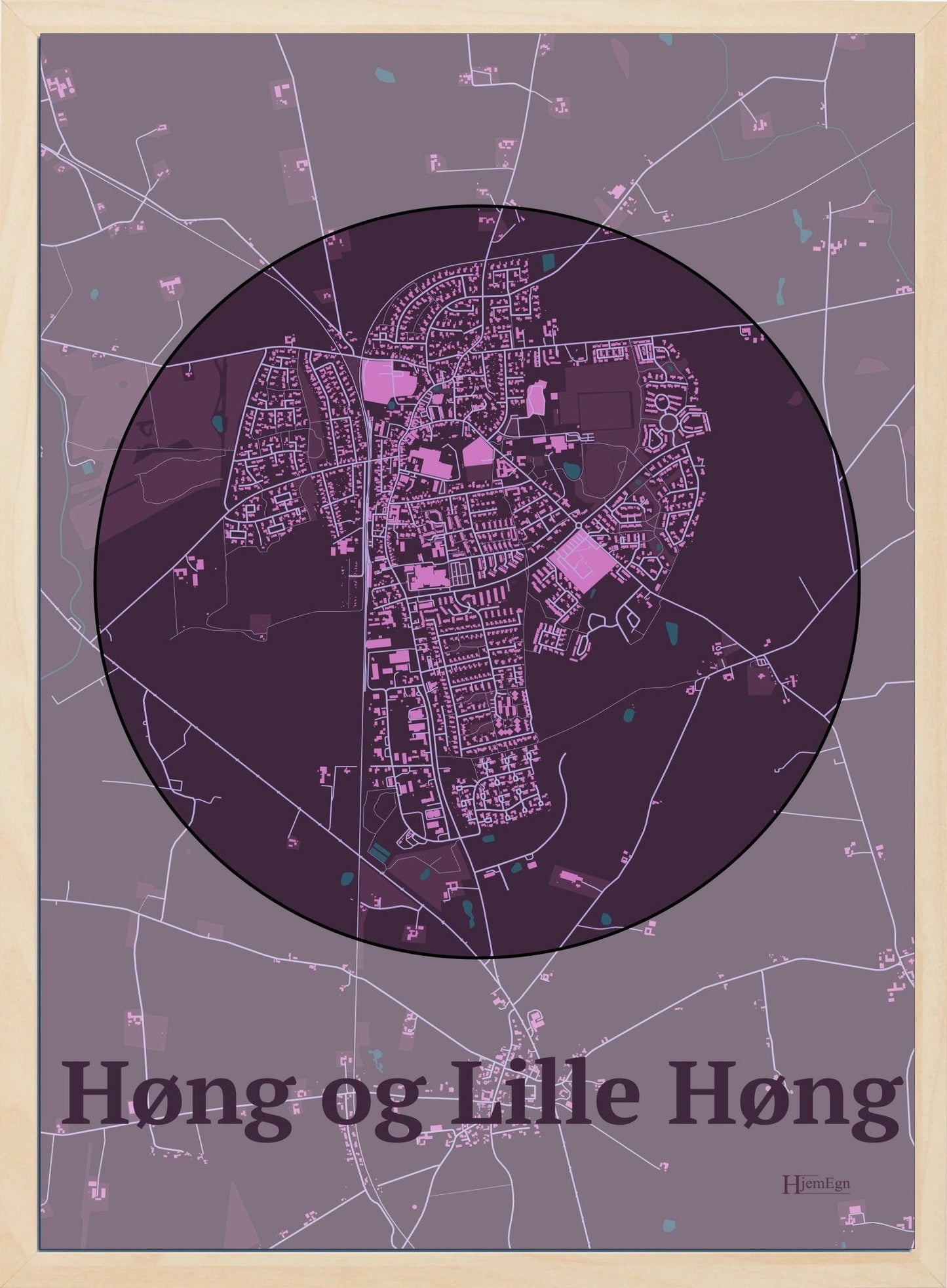 Høng Og Lille Høng plakat i farve mørk rød og HjemEgn.dk design centrum. Design bykort for Høng Og Lille Høng