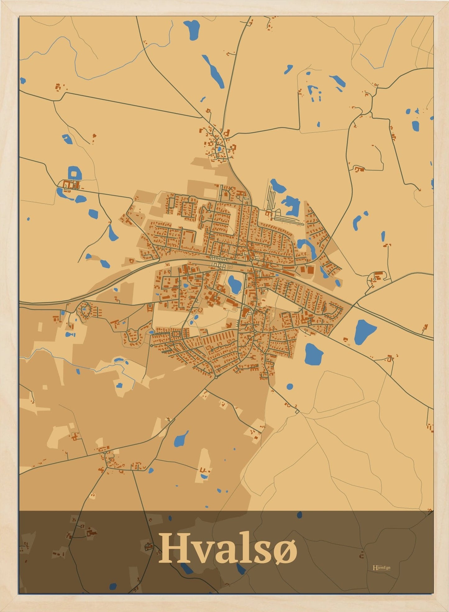 Hvalsø plakat i farve pastel brun og HjemEgn.dk design firkantet. Design bykort for Hvalsø
