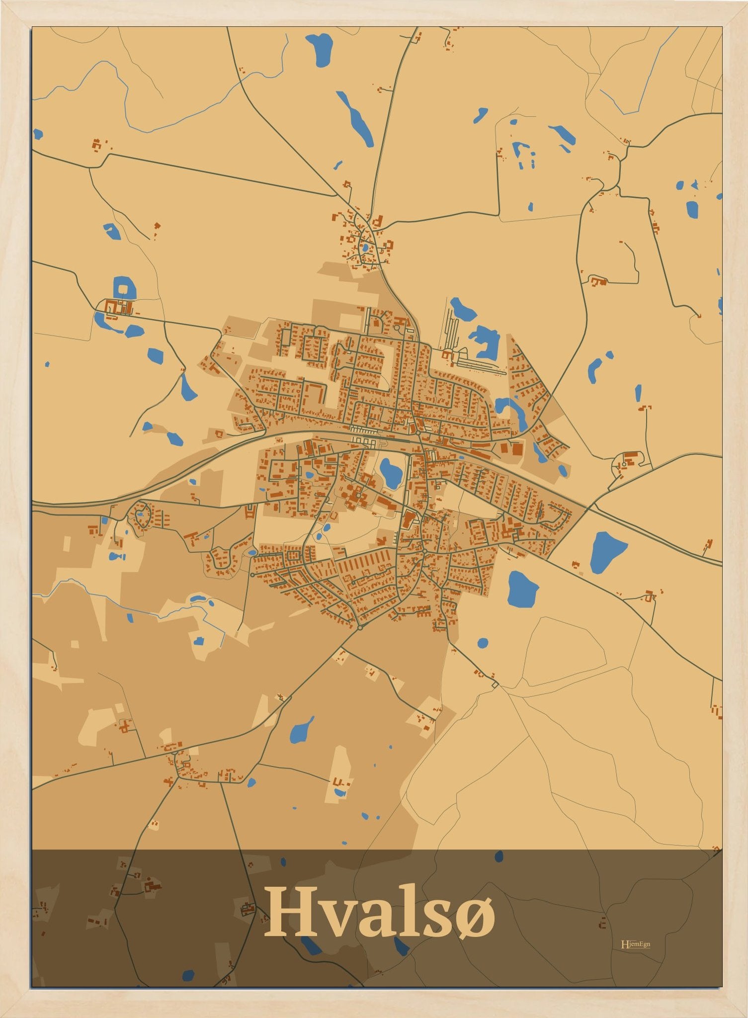 Hvalsø plakat i farve pastel brun og HjemEgn.dk design firkantet. Design bykort for Hvalsø