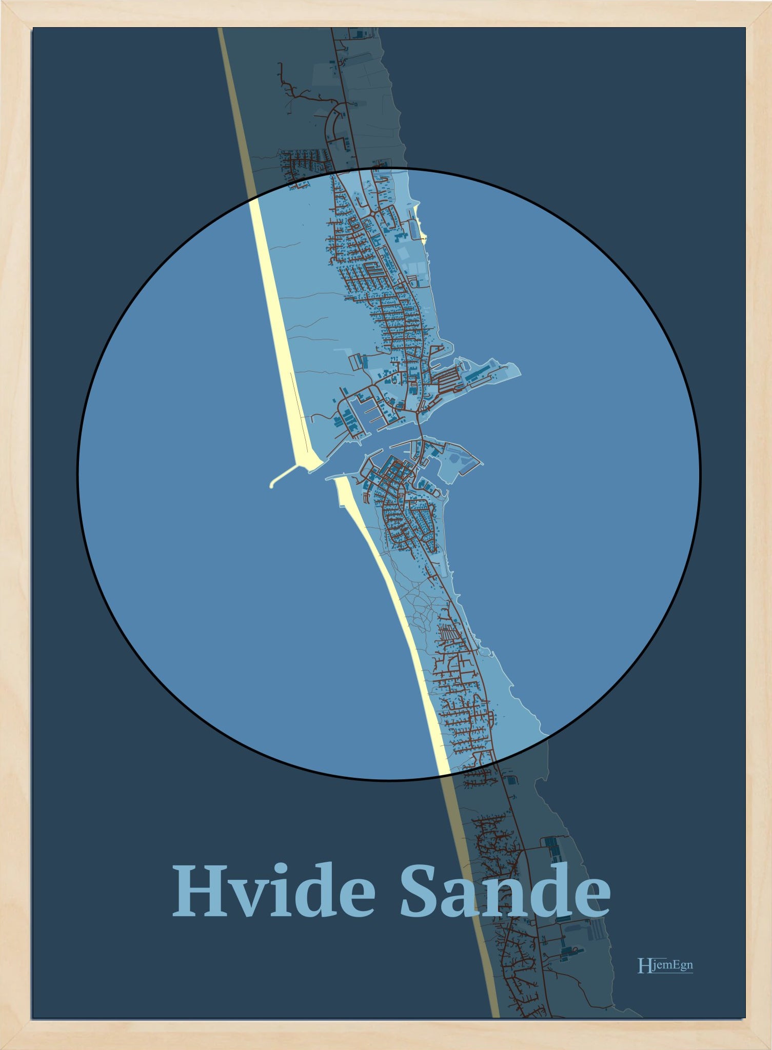 Hvide Sande plakat i farve pastel blå og HjemEgn.dk design centrum. Design bykort for Hvide Sande