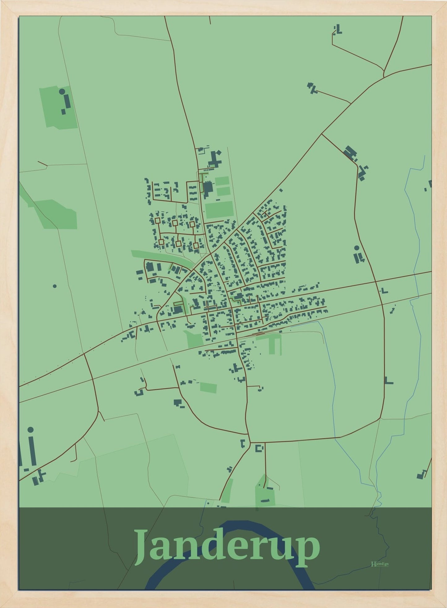 Janderup plakat i farve pastel grøn og HjemEgn.dk design firkantet. Design bykort for Janderup