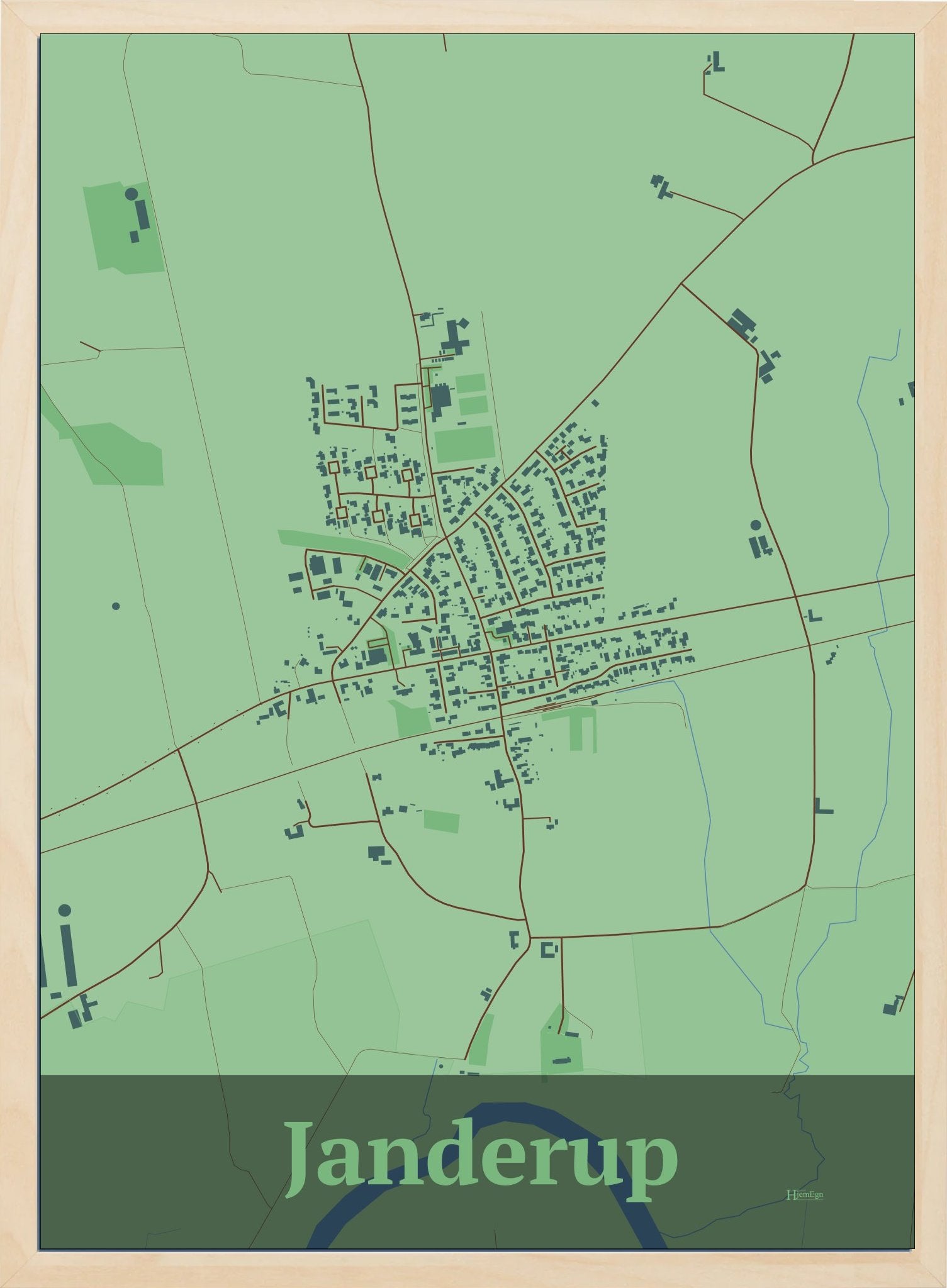 Janderup plakat i farve pastel grøn og HjemEgn.dk design firkantet. Design bykort for Janderup