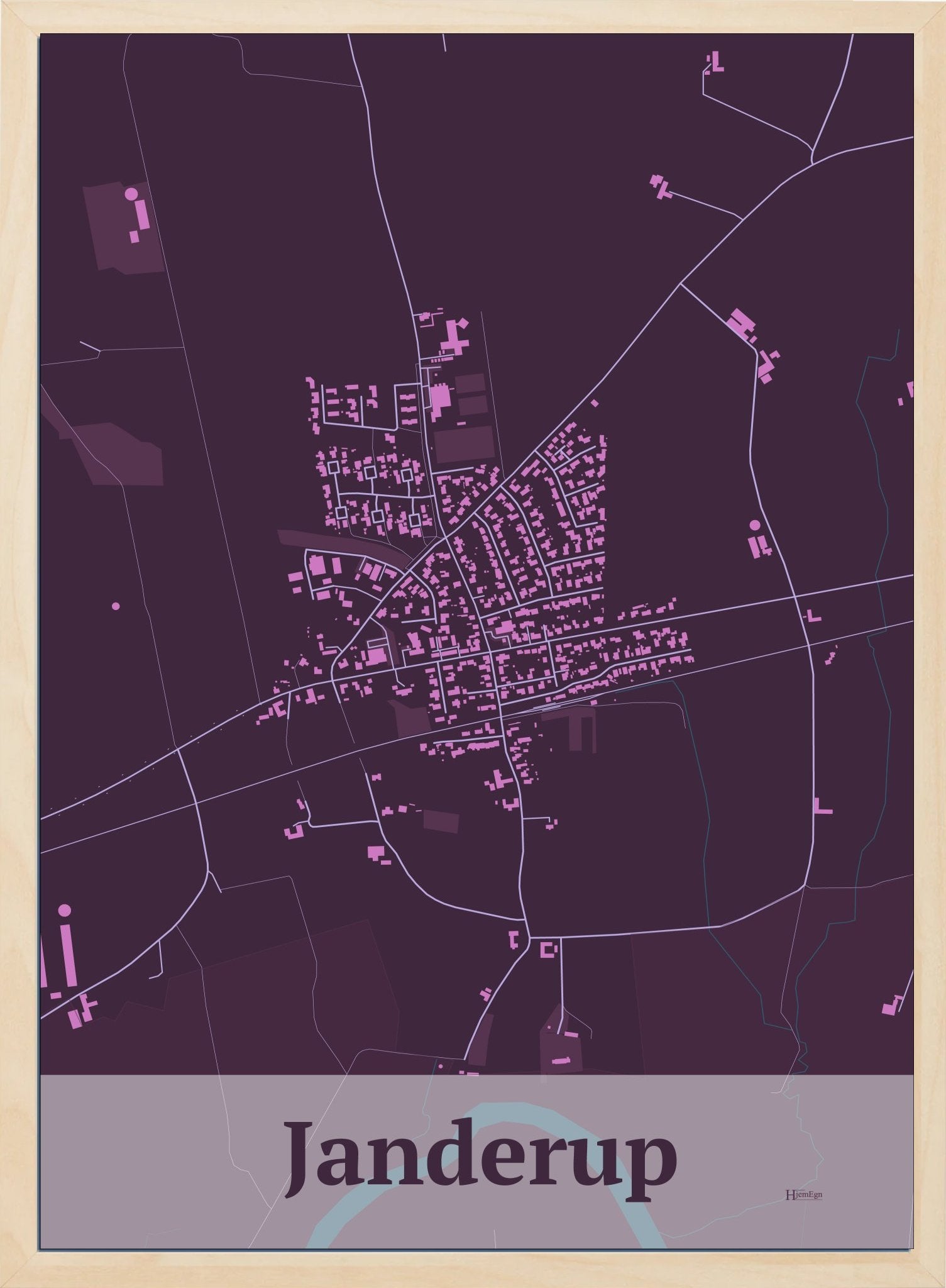 Janderup plakat i farve mørk rød og HjemEgn.dk design firkantet. Design bykort for Janderup