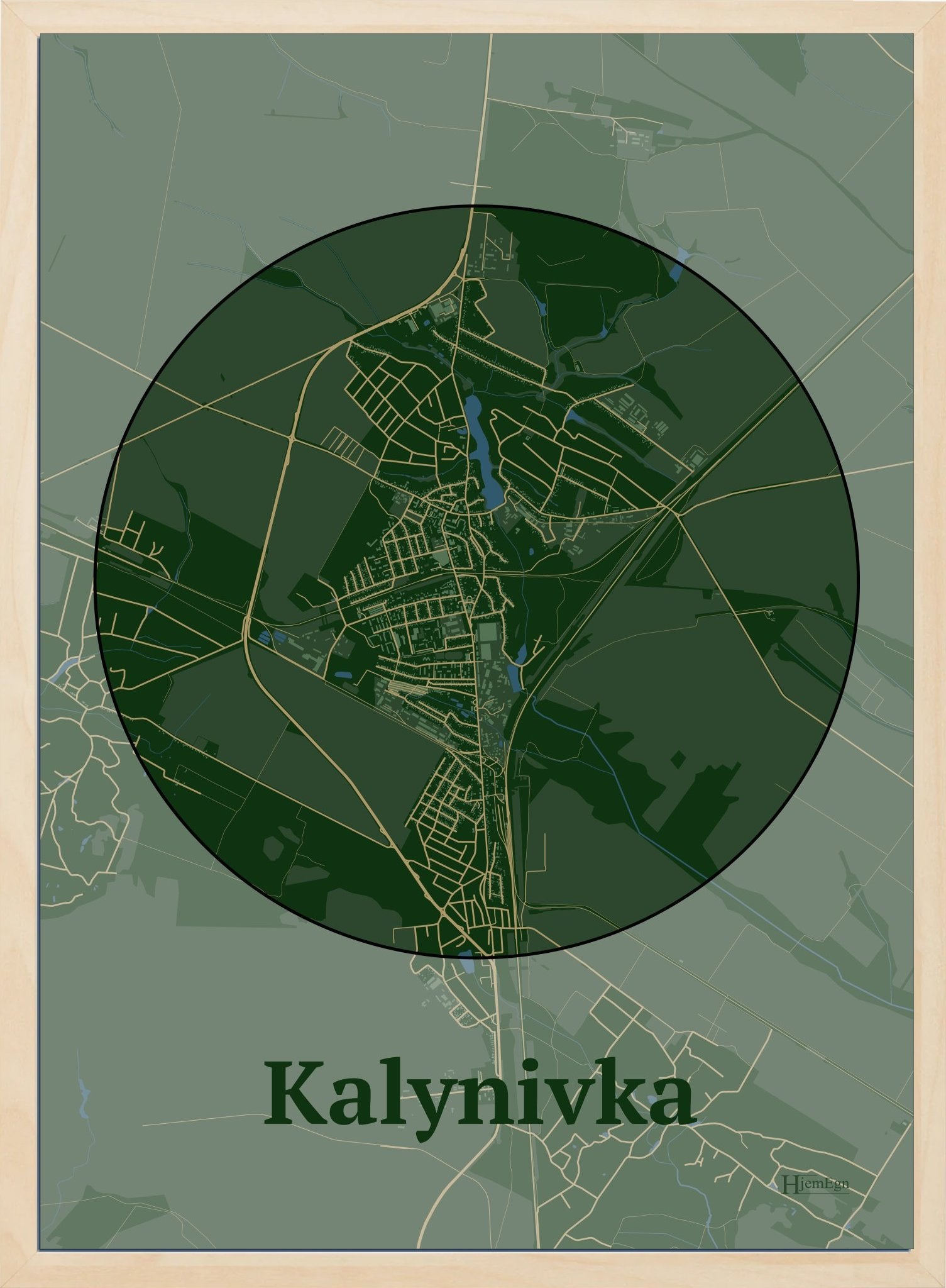 Kalynivka plakat i farve mørk grøn og HjemEgn.dk design centrum. Design bykort for Kalynivka