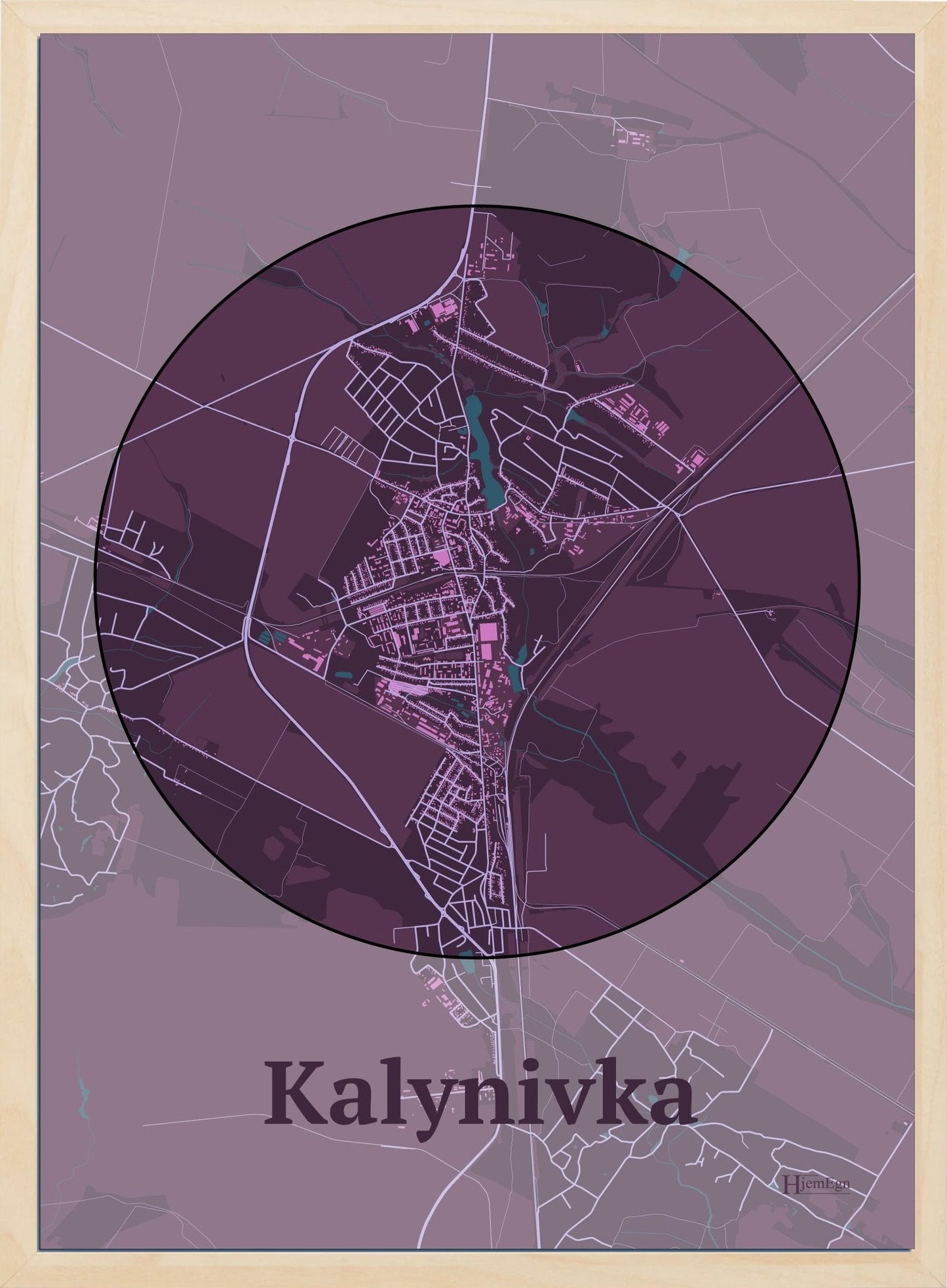 Kalynivka plakat i farve mørk rød og HjemEgn.dk design centrum. Design bykort for Kalynivka