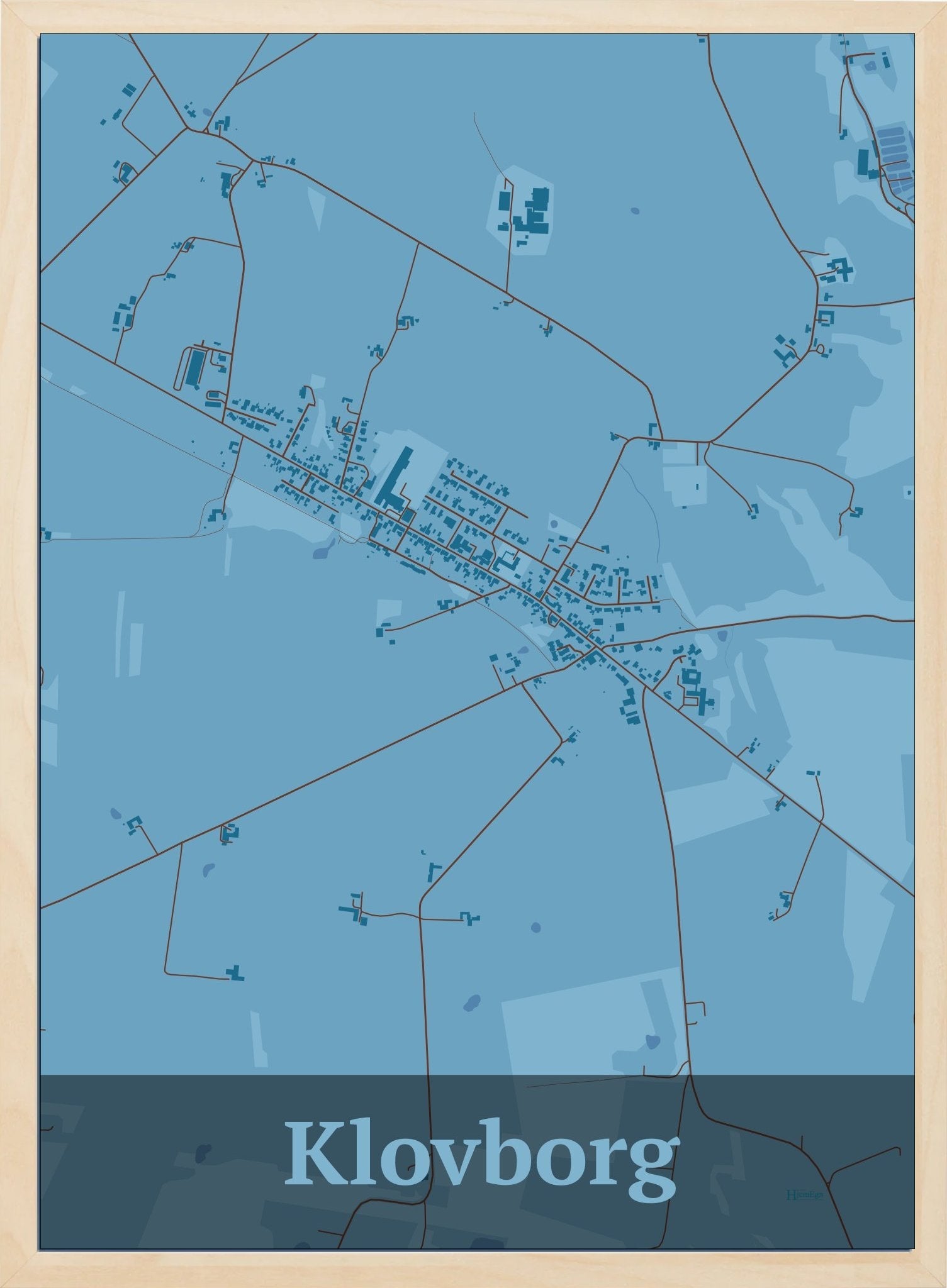 Klovborg plakat i farve pastel blå og HjemEgn.dk design firkantet. Design bykort for Klovborg