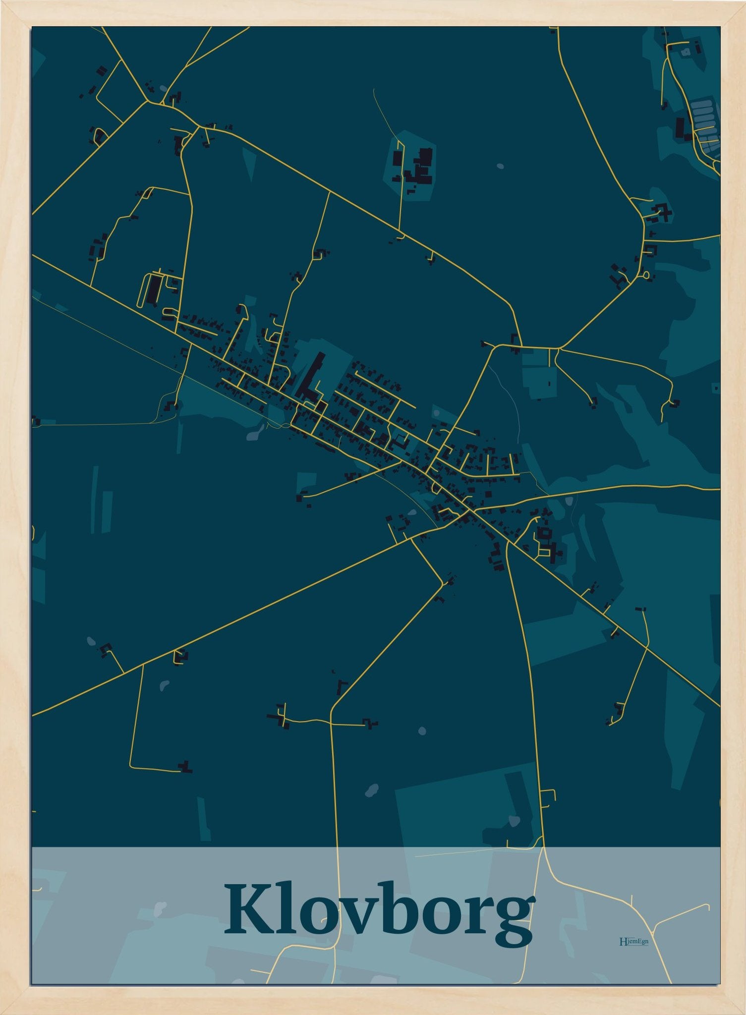 Klovborg plakat i farve mørk blå og HjemEgn.dk design firkantet. Design bykort for Klovborg