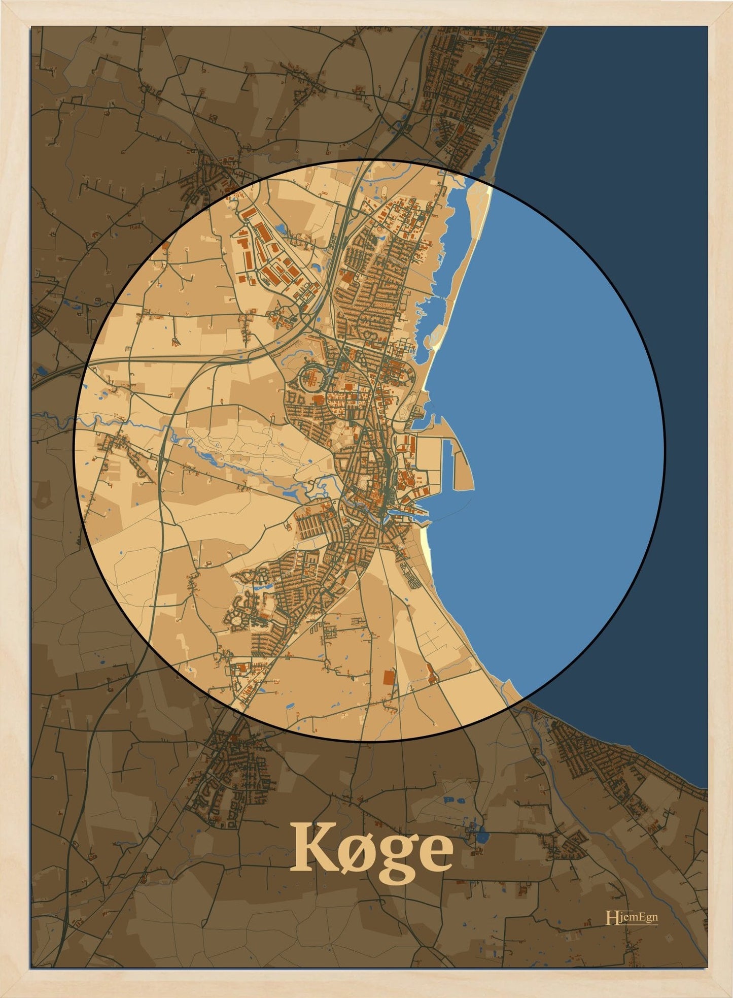 Køge plakat i farve pastel brun og HjemEgn.dk design centrum. Design bykort for Køge