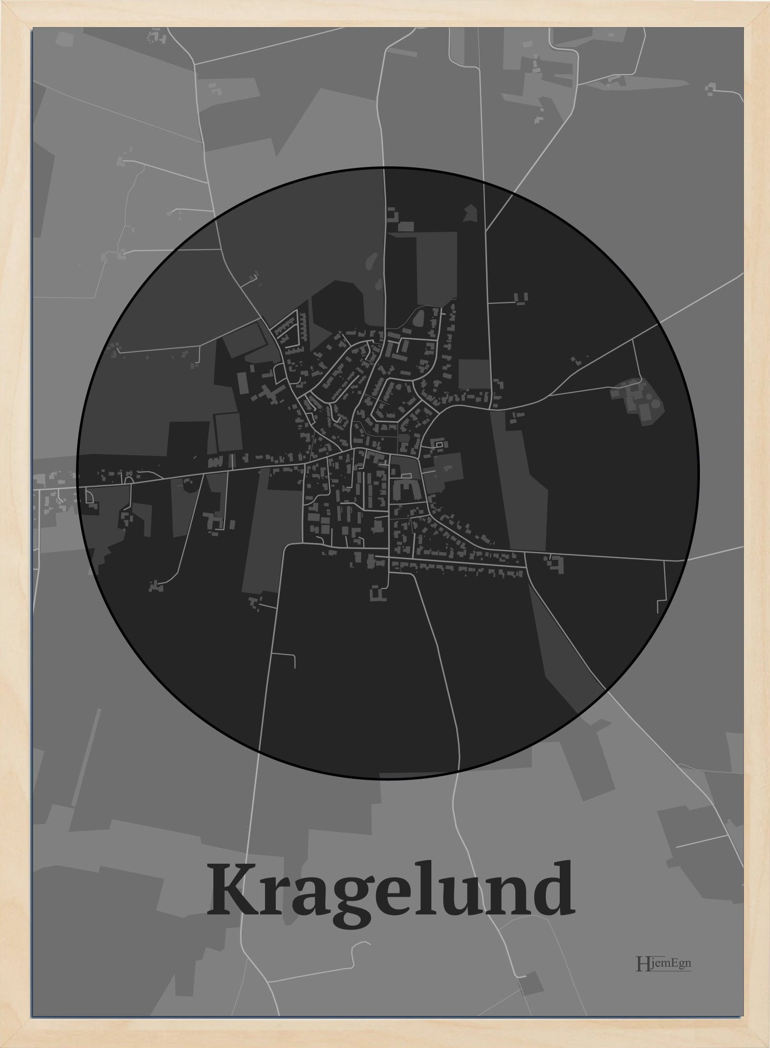 Kragelund plakat i farve mørk grå og HjemEgn.dk design centrum. Design bykort for Kragelund