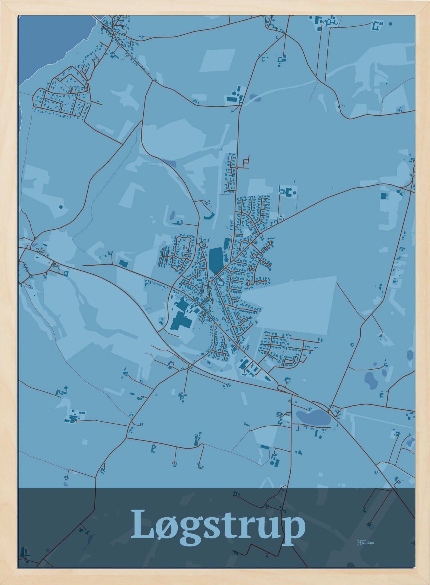 Løgstrup plakat i farve pastel blå og HjemEgn.dk design firkantet. Design bykort for Løgstrup