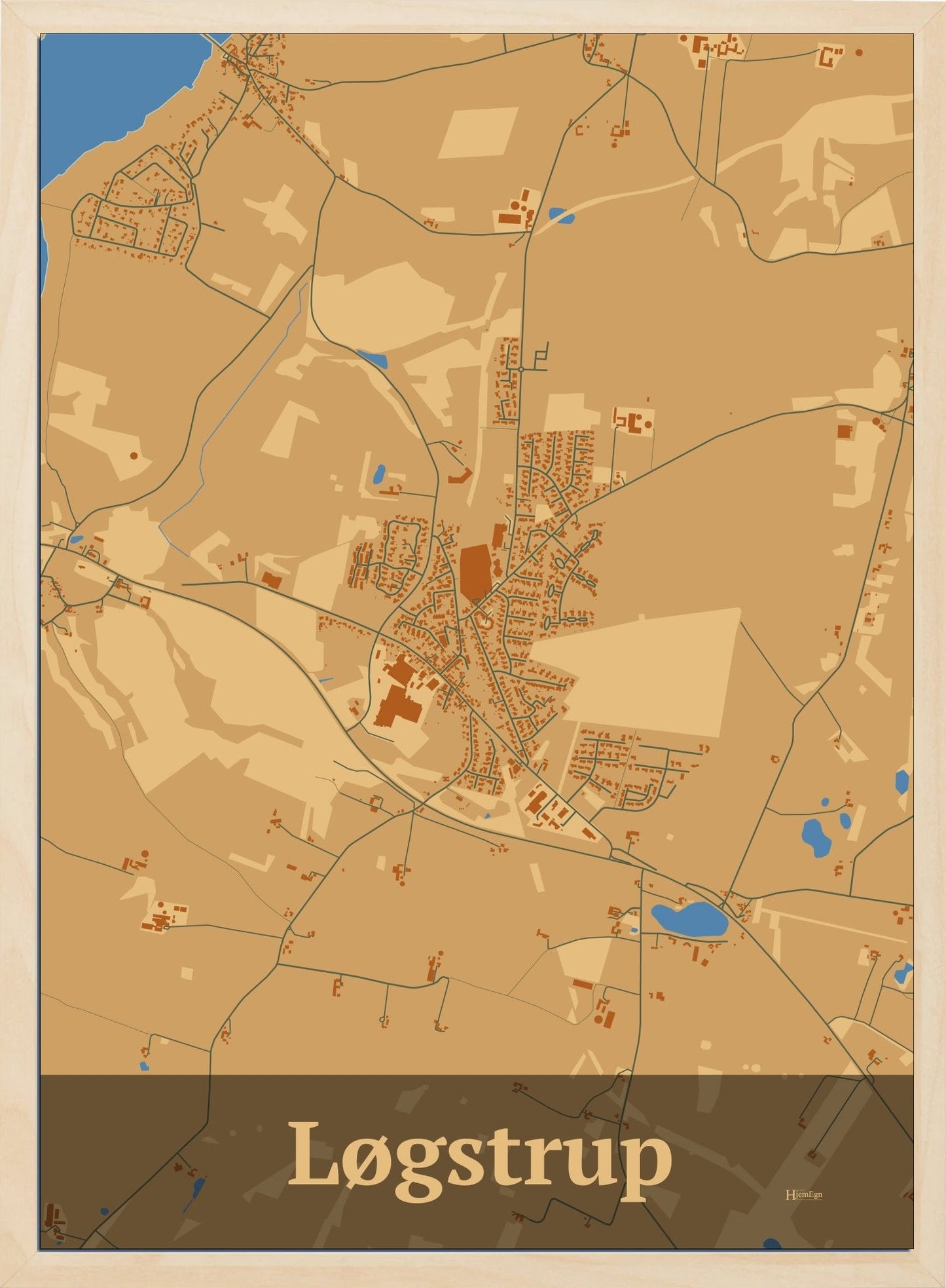 Løgstrup plakat i farve pastel brun og HjemEgn.dk design firkantet. Design bykort for Løgstrup