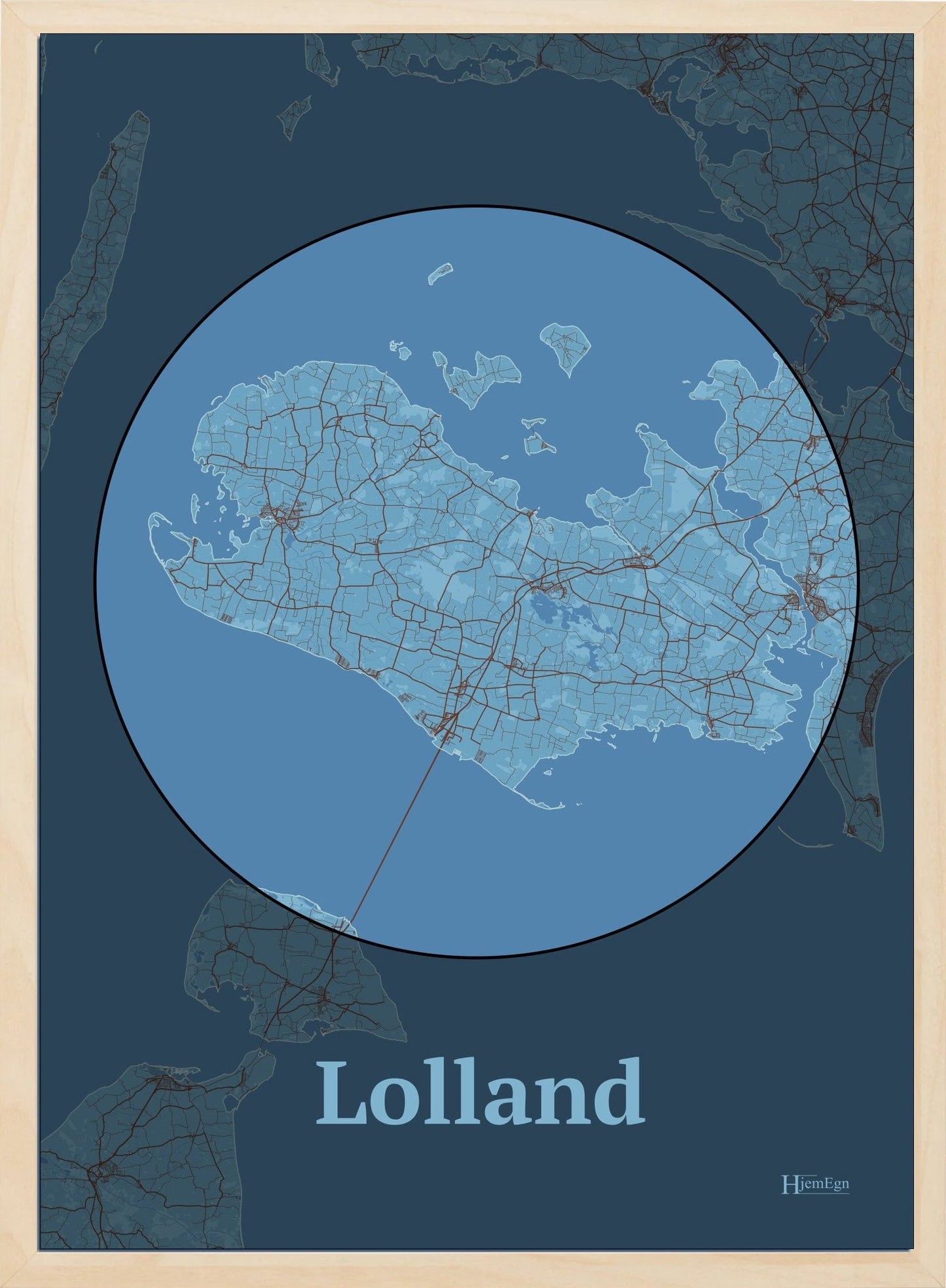 Lolland plakat i farve pastel blå og HjemEgn.dk design centrum. Design ø-kort for Lolland