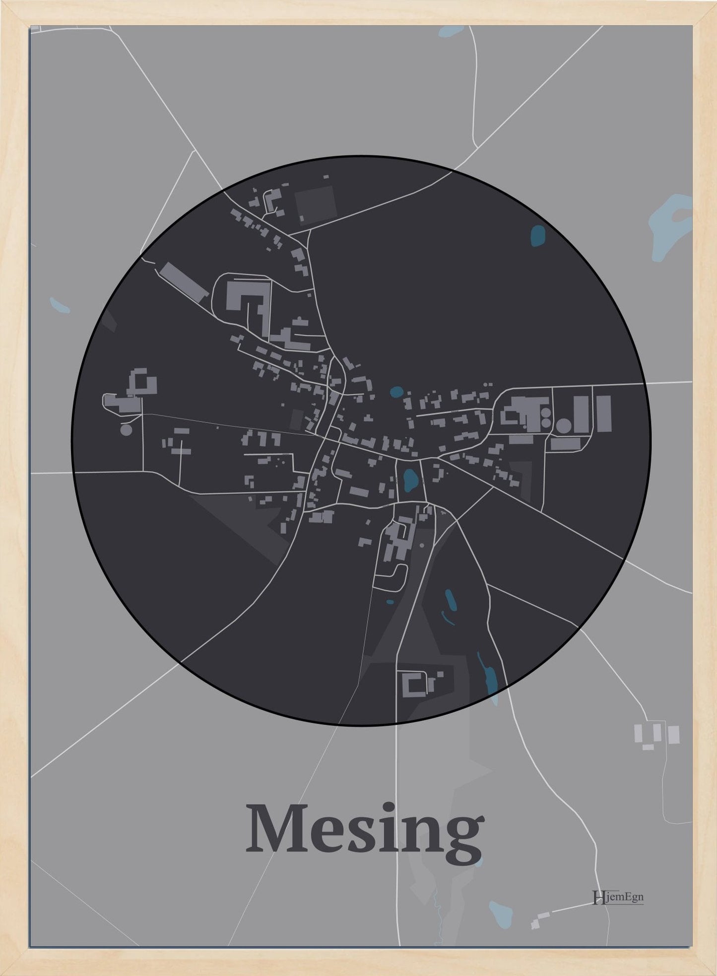 Mesing plakat i farve mørk brun og HjemEgn.dk design firkantet. Design bykort for Mesing