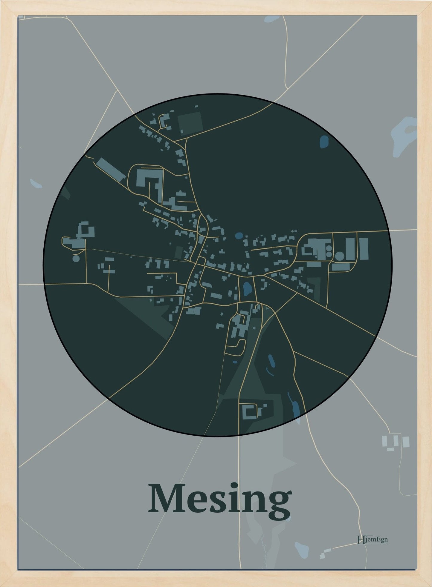 Mesing plakat i farve mørk grøn og HjemEgn.dk design firkantet. Design bykort for Mesing