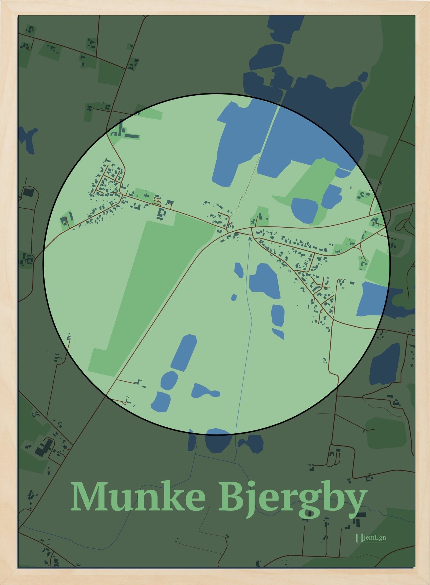 Munke Bjergby plakat i farve pastel grøn og HjemEgn.dk design centrum. Design bykort for Munke Bjergby