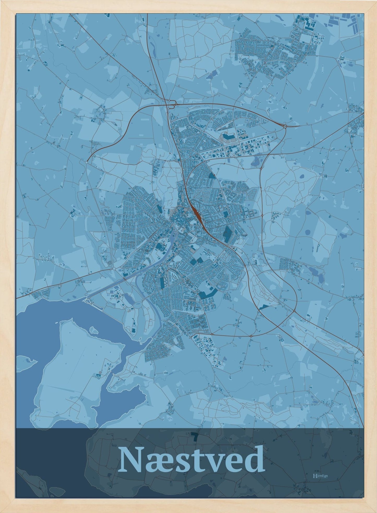 Næstved plakat i pastel blå og HjemEgn.dk design firkantet. Design bykort for Næstved