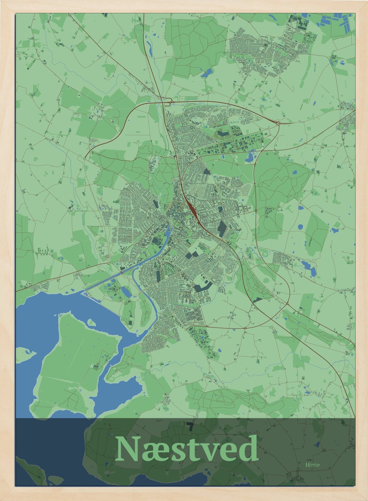 Næstved plakat i pastel grøn og HjemEgn.dk design firkantet. Design bykort for Næstved