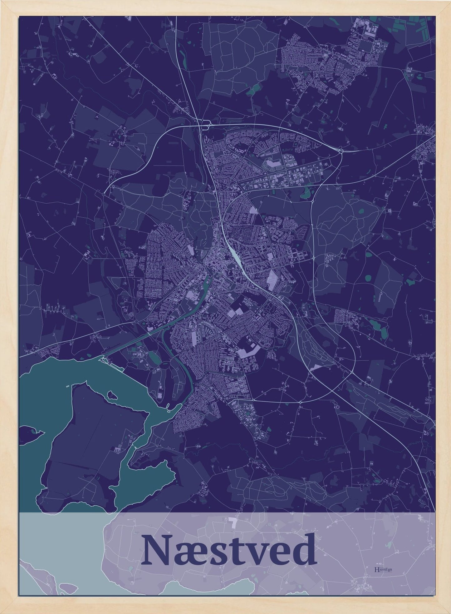 Næstved plakat i  mørk grå og HjemEgn.dk design firkantet. Design bykort for Næstved