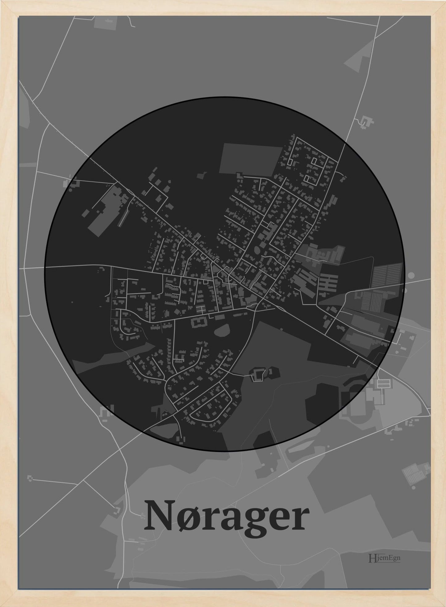 Nørager plakat i farve mørk grå og HjemEgn.dk design centrum. Design bykort for Nørager