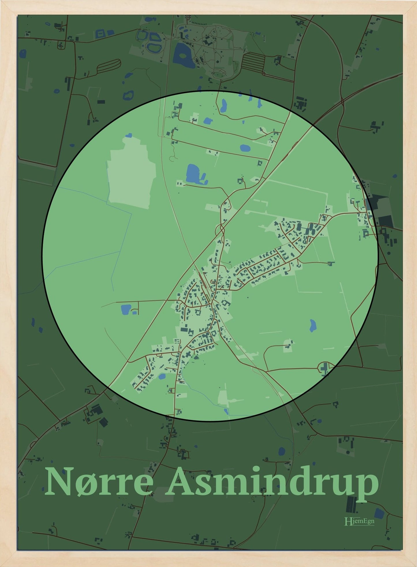 Nørre Asmindrup plakat i farve pastel grøn og HjemEgn.dk design centrum. Design bykort for Nørre Asmindrup