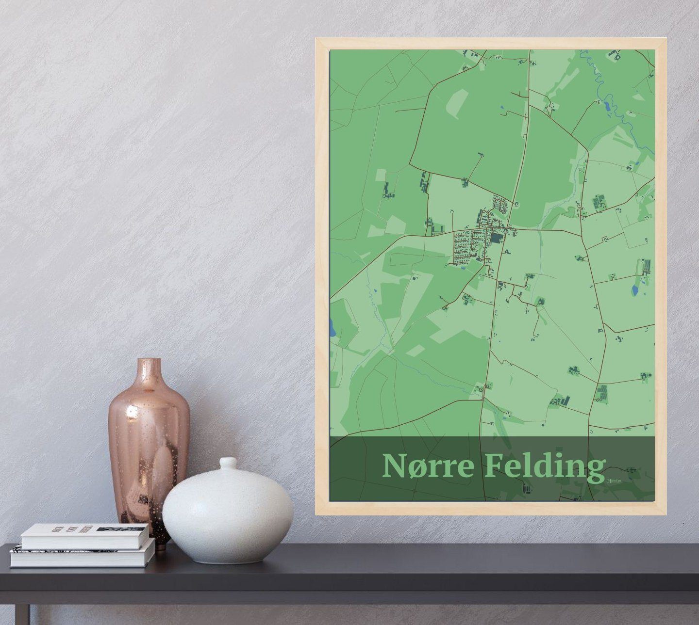 Nørre Felding plakat i farve  og HjemEgn.dk design firkantet. Design bykort for Nørre Felding