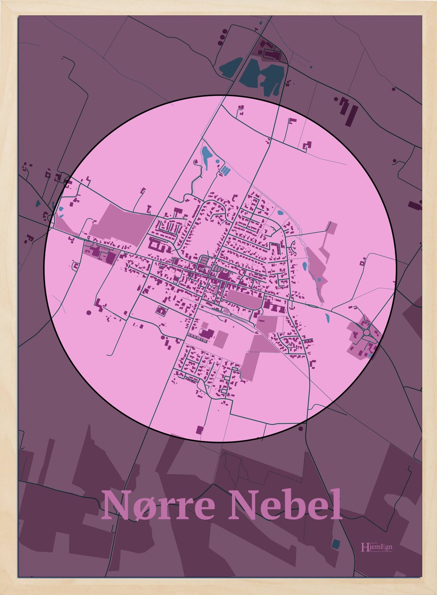 Nørre Nebel plakat i farve pastel rød og HjemEgn.dk design centrum. Design bykort for Nørre Nebel