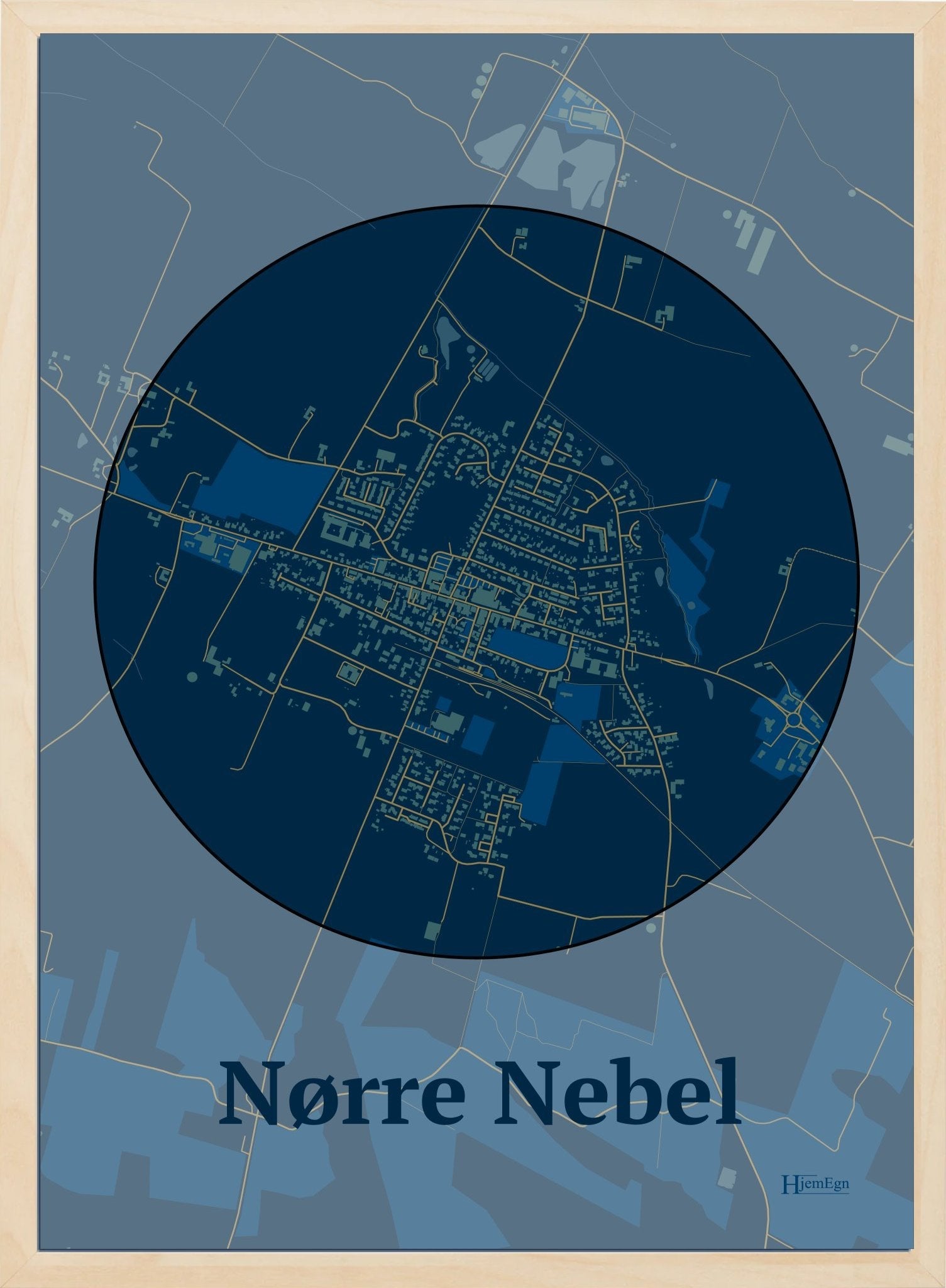 Nørre Nebel plakat i farve mørk blå og HjemEgn.dk design centrum. Design bykort for Nørre Nebel