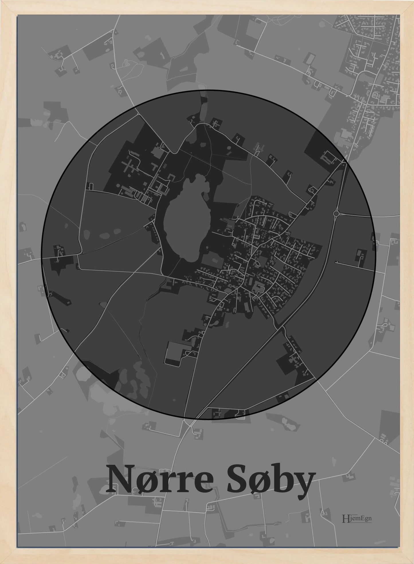 Nørre Søby plakat i farve mørk grå og HjemEgn.dk design centrum. Design bykort for Nørre Søby