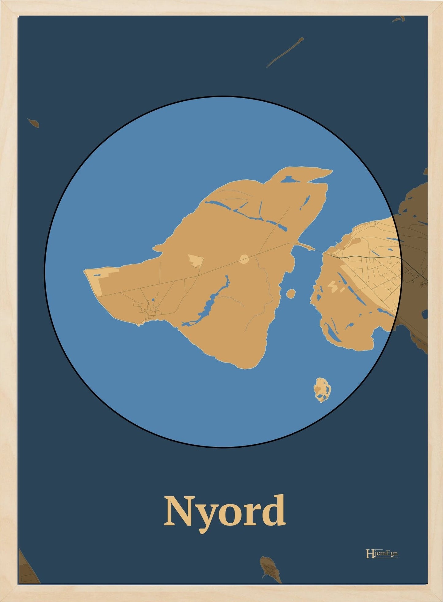 Nyord plakat i farve pastel brun og HjemEgn.dk design centrum. Design ø-kort for Nyord