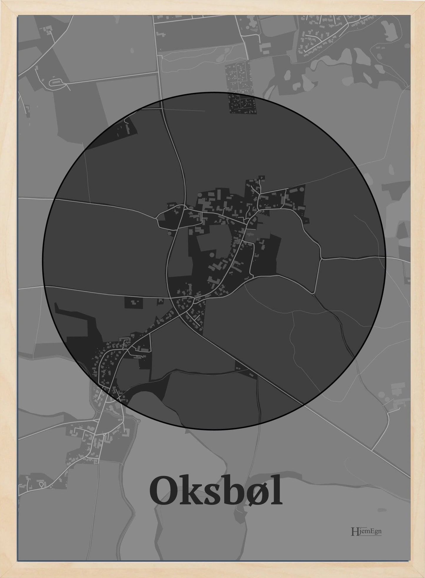 Oksbøl plakat i farve mørk grå og HjemEgn.dk design centrum. Design bykort for Oksbøl