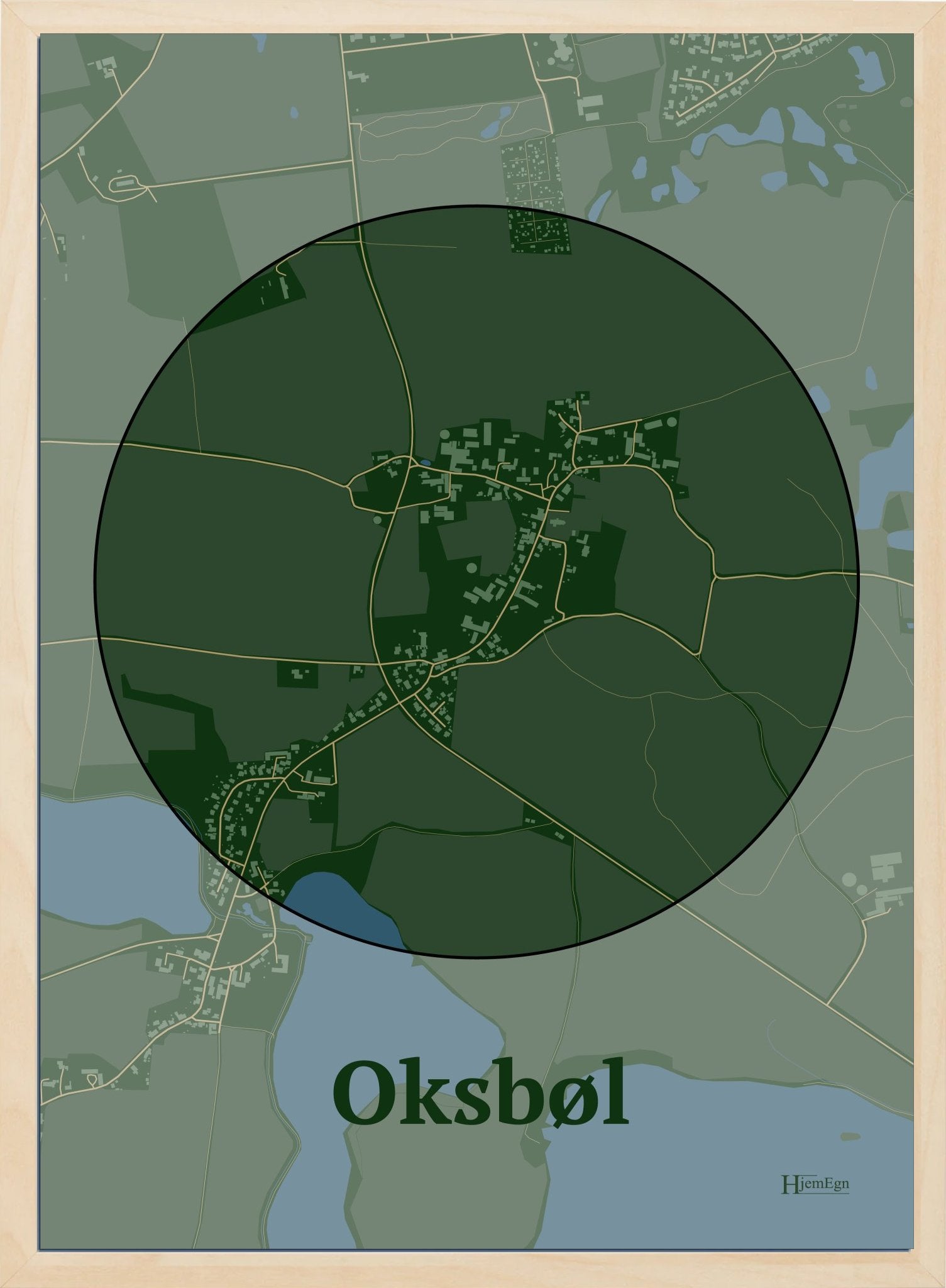 Oksbøl plakat i farve mørk grøn og HjemEgn.dk design centrum. Design bykort for Oksbøl