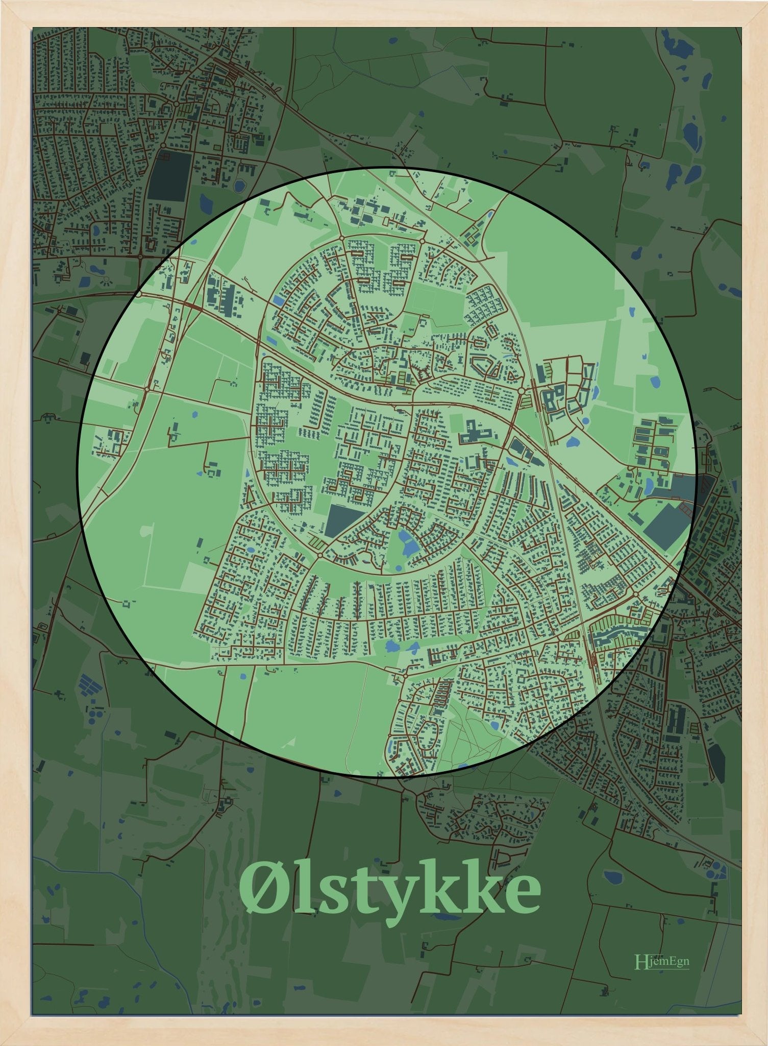 Ølstykke plakat i farve pastel grøn og HjemEgn.dk design centrum. Design bykort for Ølstykke