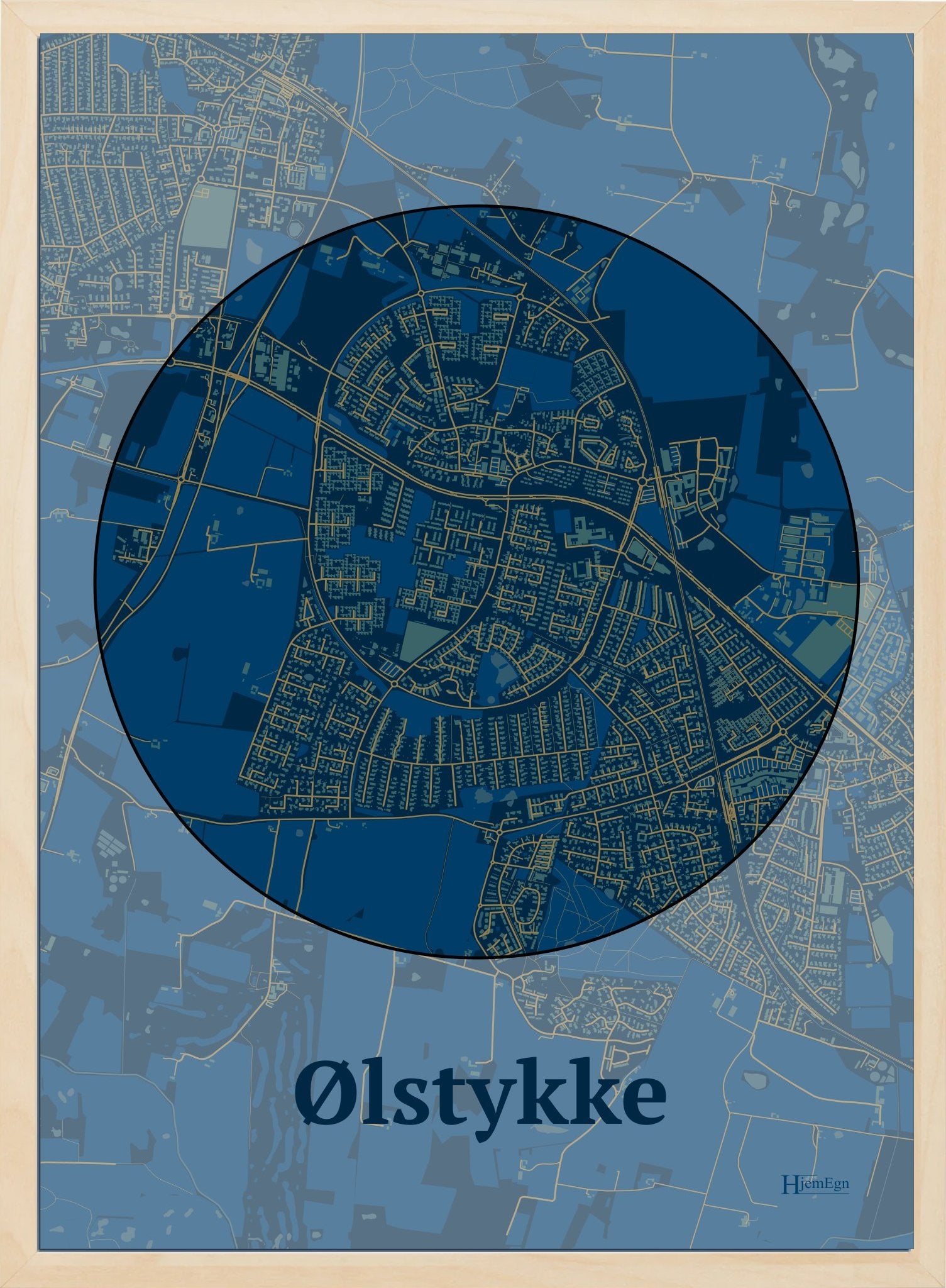 Ølstykke plakat i farve mørk blå og HjemEgn.dk design centrum. Design bykort for Ølstykke