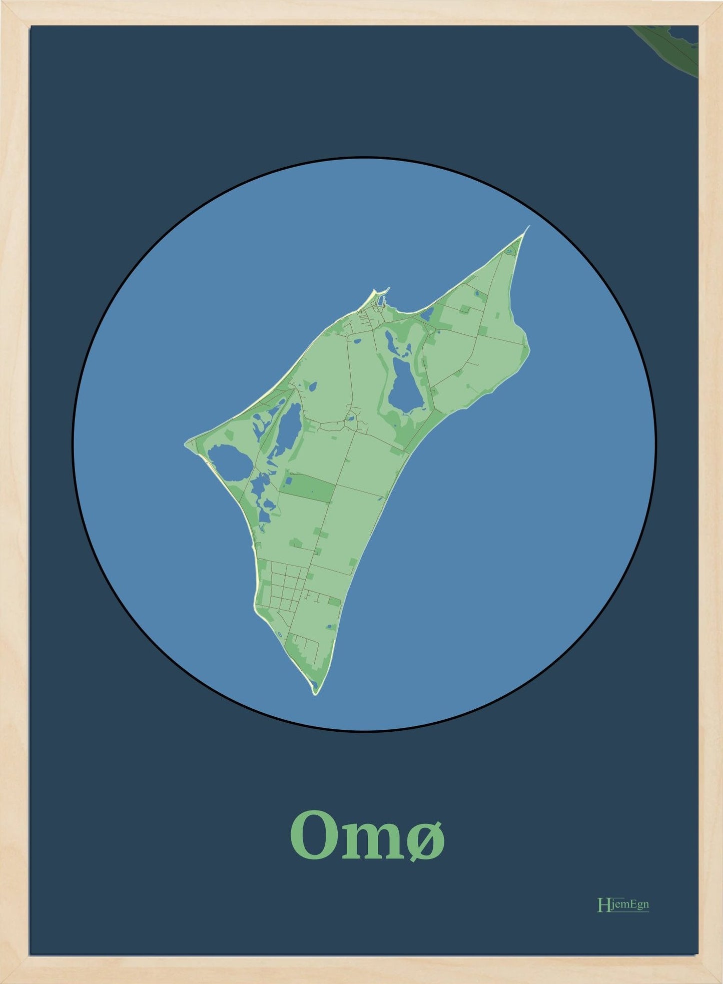 Omø plakat i farve pastel grøn og HjemEgn.dk design centrum. Design ø-kort for Omø
