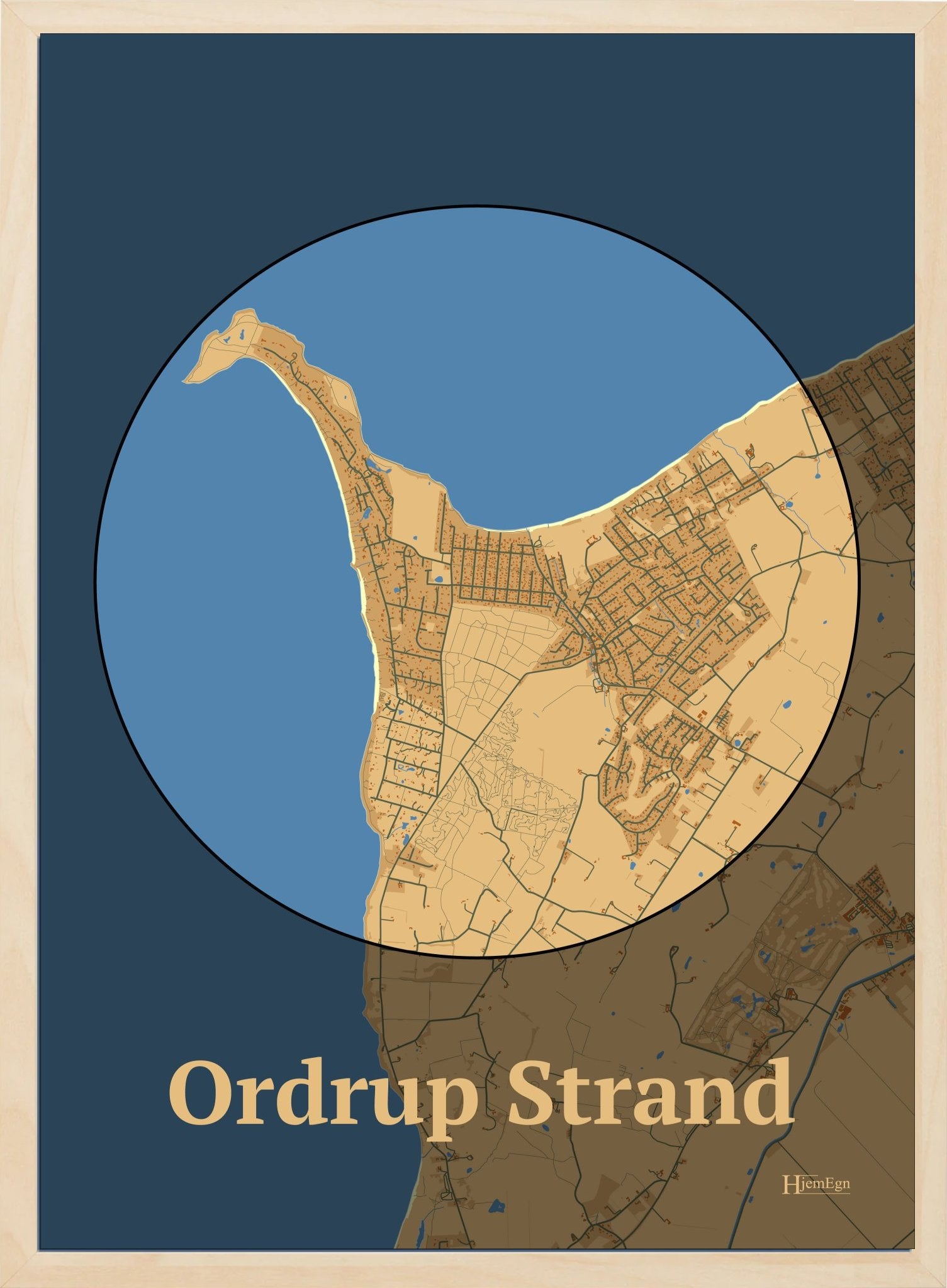 Ordrup Strand plakat i farve pastel brun og HjemEgn.dk design centrum. Design bykort for Ordrup Strand